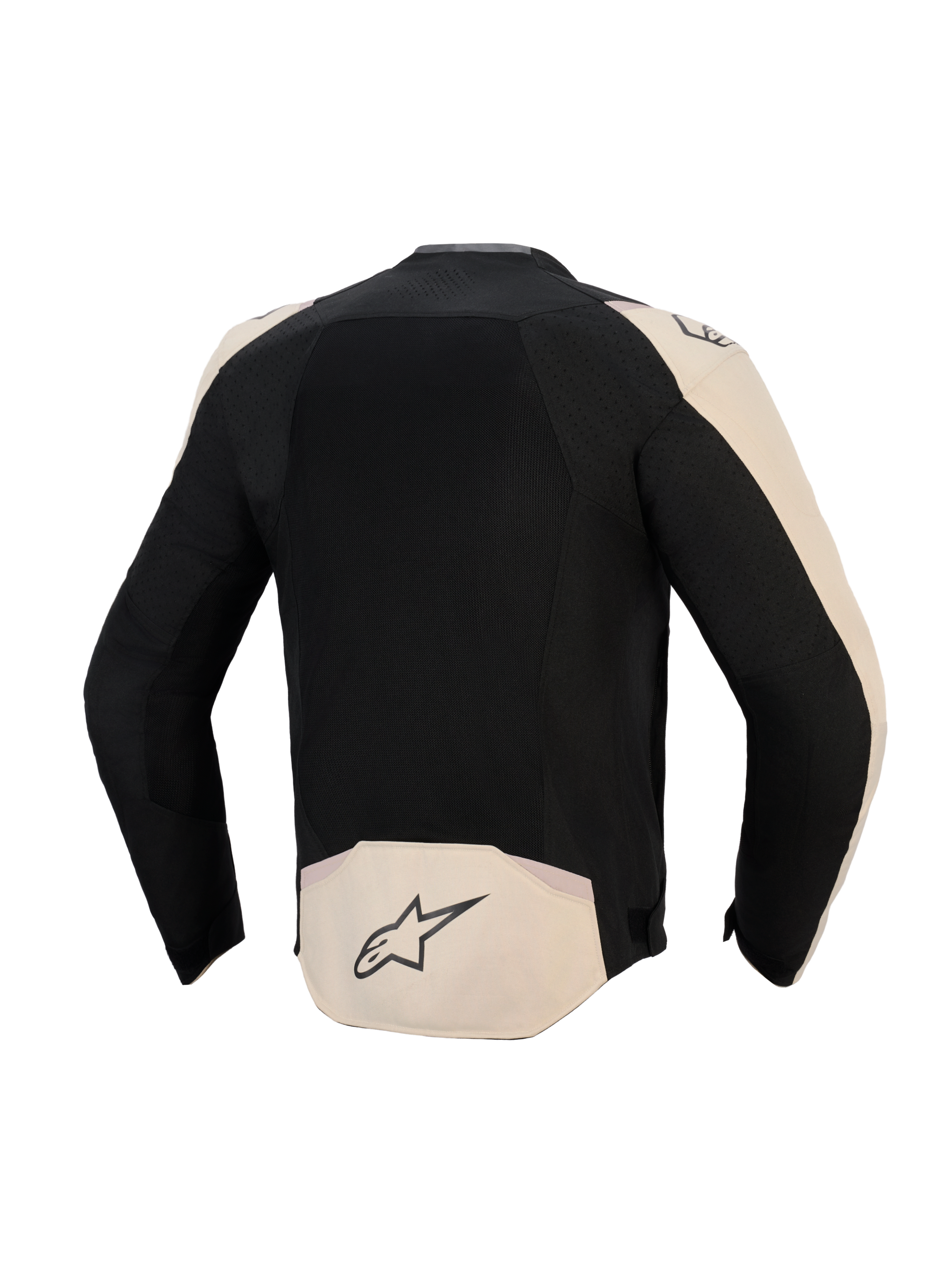 Alpinestars T-SPS Air V2-jakke, set bagfra, Black Mastic Aluminum, ventileret tekstiljakke med mesh-konstruktion, lysebeige paneler på skuldre og lænd med stjernelogo, sporty design til kørsel i varmt vejr