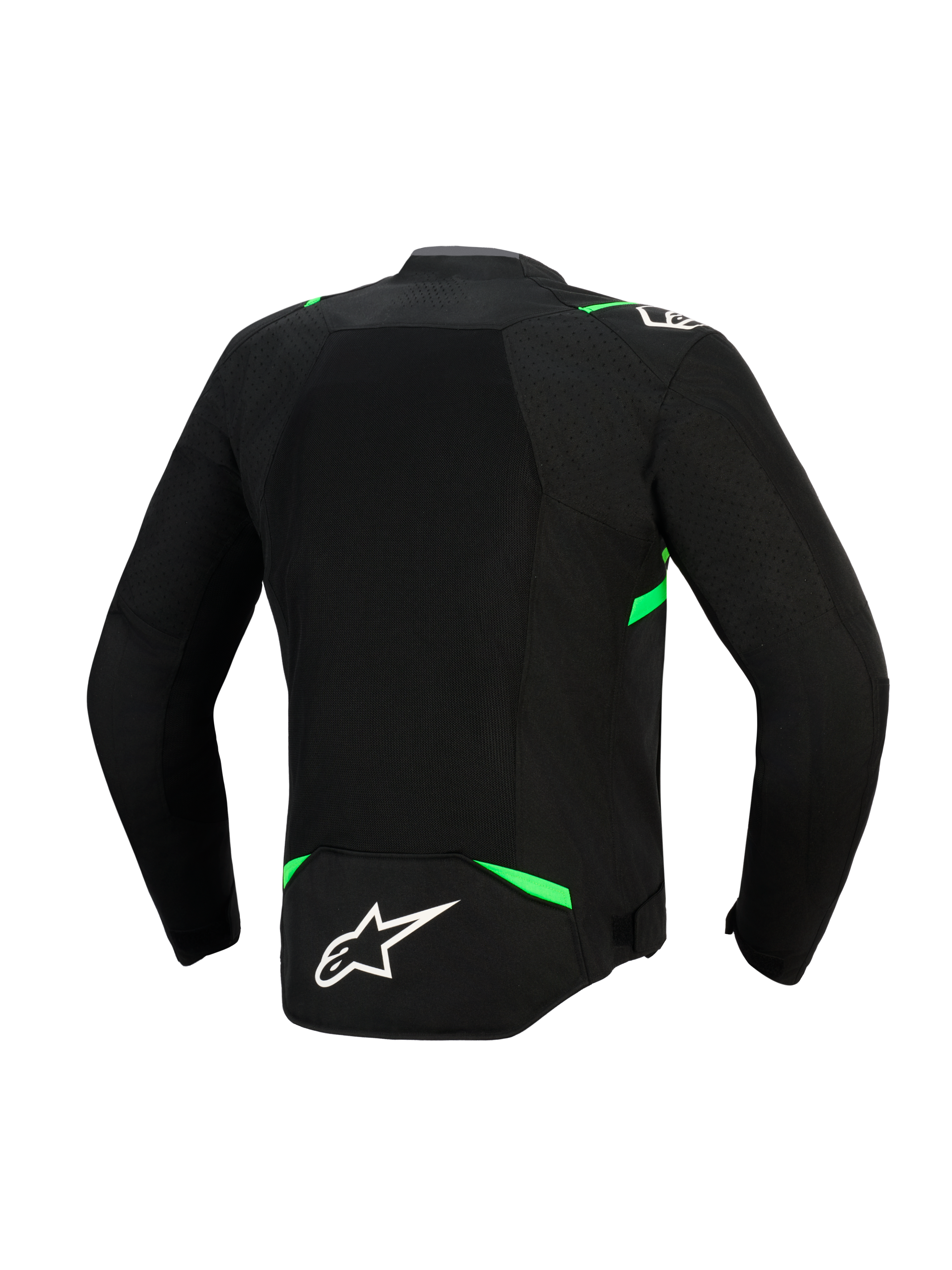 Alpinestars T-SPS Air V2 Jacket, Back View, Black and Fluo Green, featuring a large tech mesh panel for maximum airflow, fluorescent green accents on shoulders and waist, and a white Alpinestars logo on the lower back.