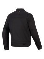 Alpinestars Bruiser-jakke, urban motorcykeljakke, sort, set bagfra viser artikulerede skulderpaneler, taljejusteringer og lille broderet logo på kraven, robust arbejdstøjsinspireret tekstildesign