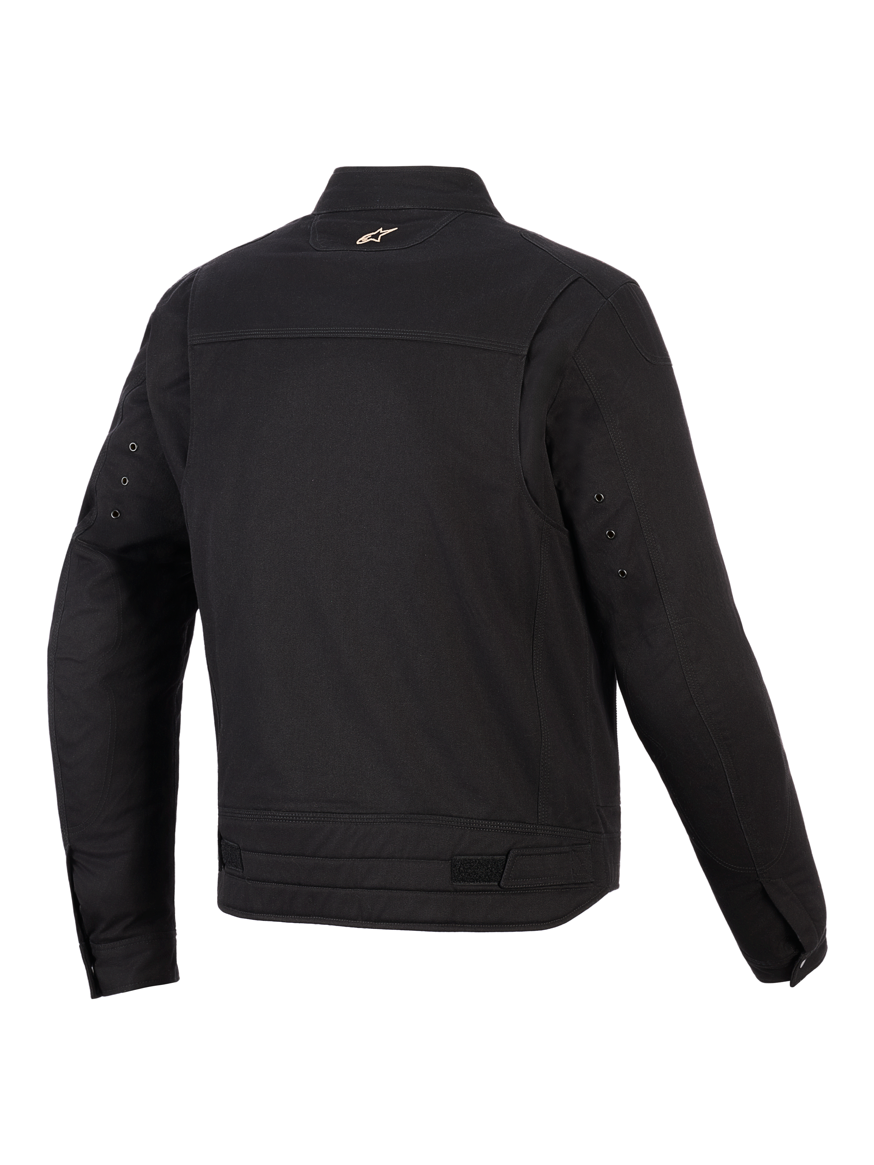 Alpinestars Bruiser-jakke, urban motorcykeljakke, sort, set bagfra viser artikulerede skulderpaneler, taljejusteringer og lille broderet logo på kraven, robust arbejdstøjsinspireret tekstildesign
