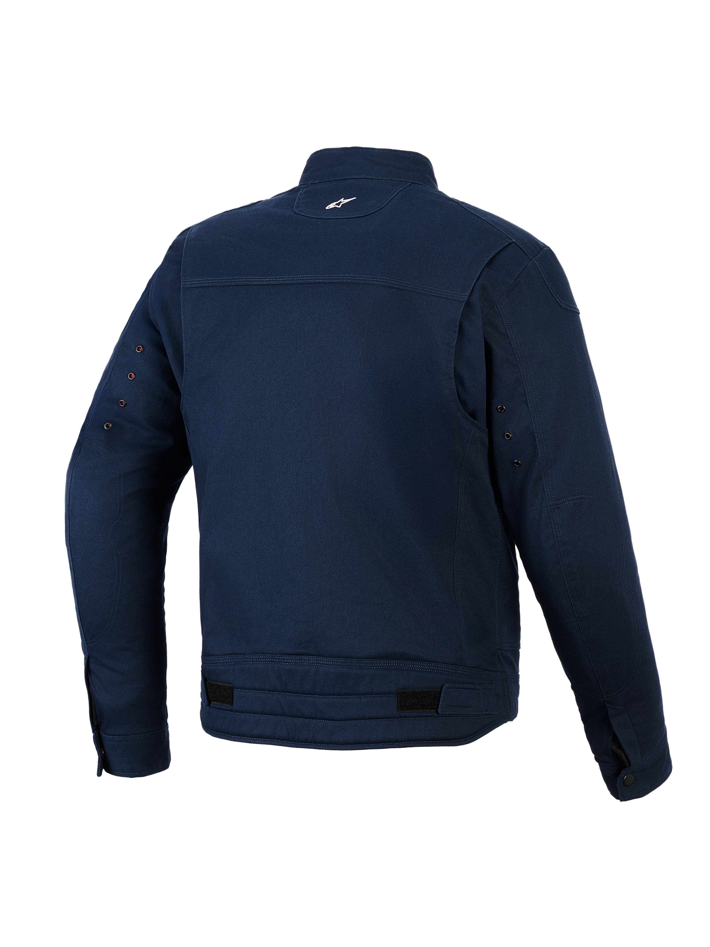Alpinestars Bruiser Jacket, Urban Motorcycle Jacket, Dark Blue, rear view featuring stretch polycotton twill construction, small white logo on back neck, ventilation eyelets on sleeves, and adjustable waist tabs.