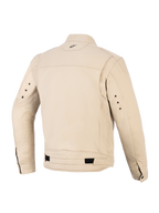 Alpinestars Bruiser-jakke, urban motorcykeljakke, farven Aluminum tan, set bagfra med plisserede skulderpaneler, justerbare taljeremme med sorte flapper, lille broderet logo i nakken og metaløskner bag på ærmerne.