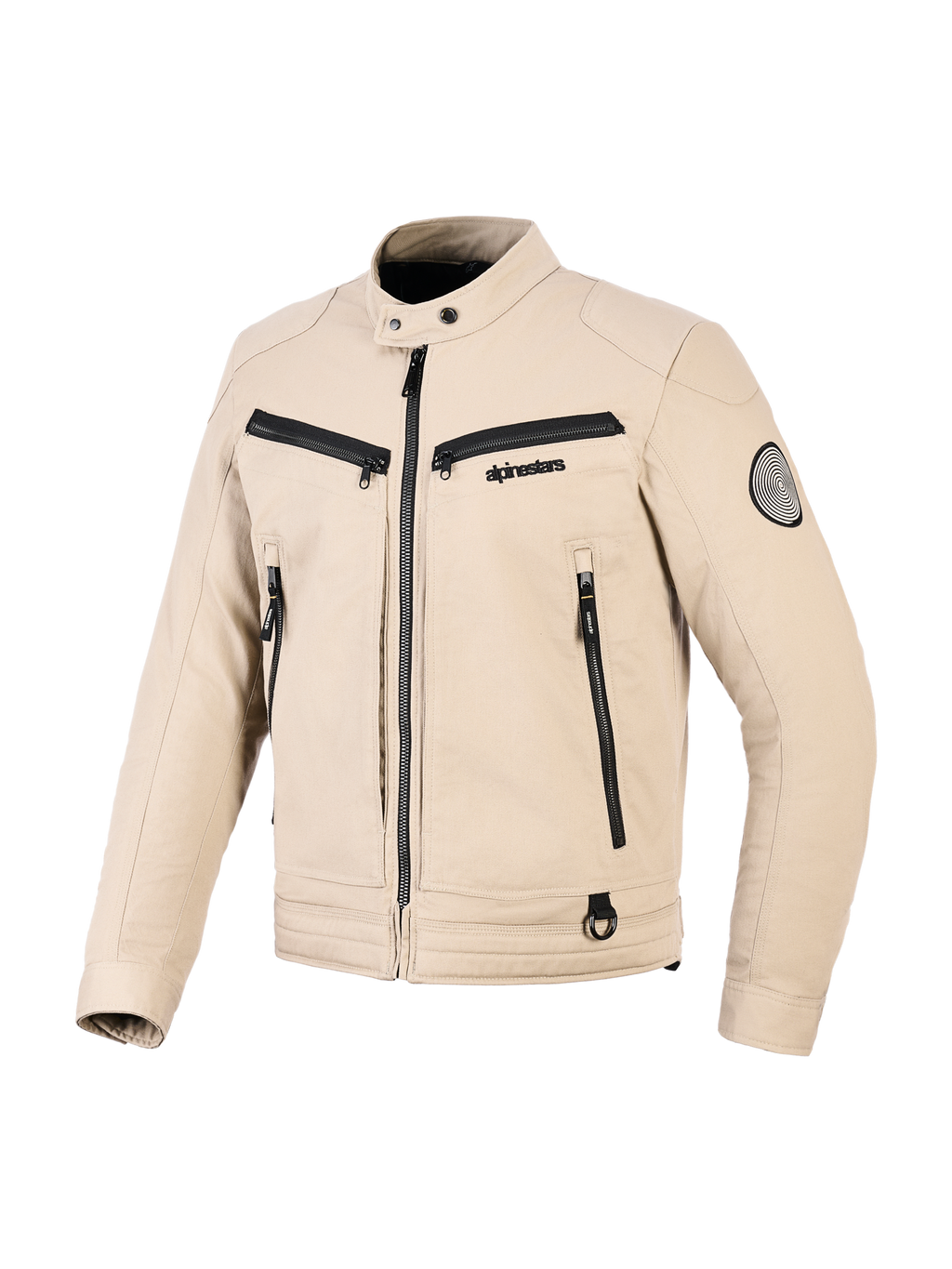 Alpinestars Bruiser-jakke, urban motorcykeljakke, tan, tekstilkonstruktion med sorte lynlåsaccenter, krave med trykknap, flere funktionelle lommer, rundt logopatch på ærmet, moderne arbejdstøjsinspireret design