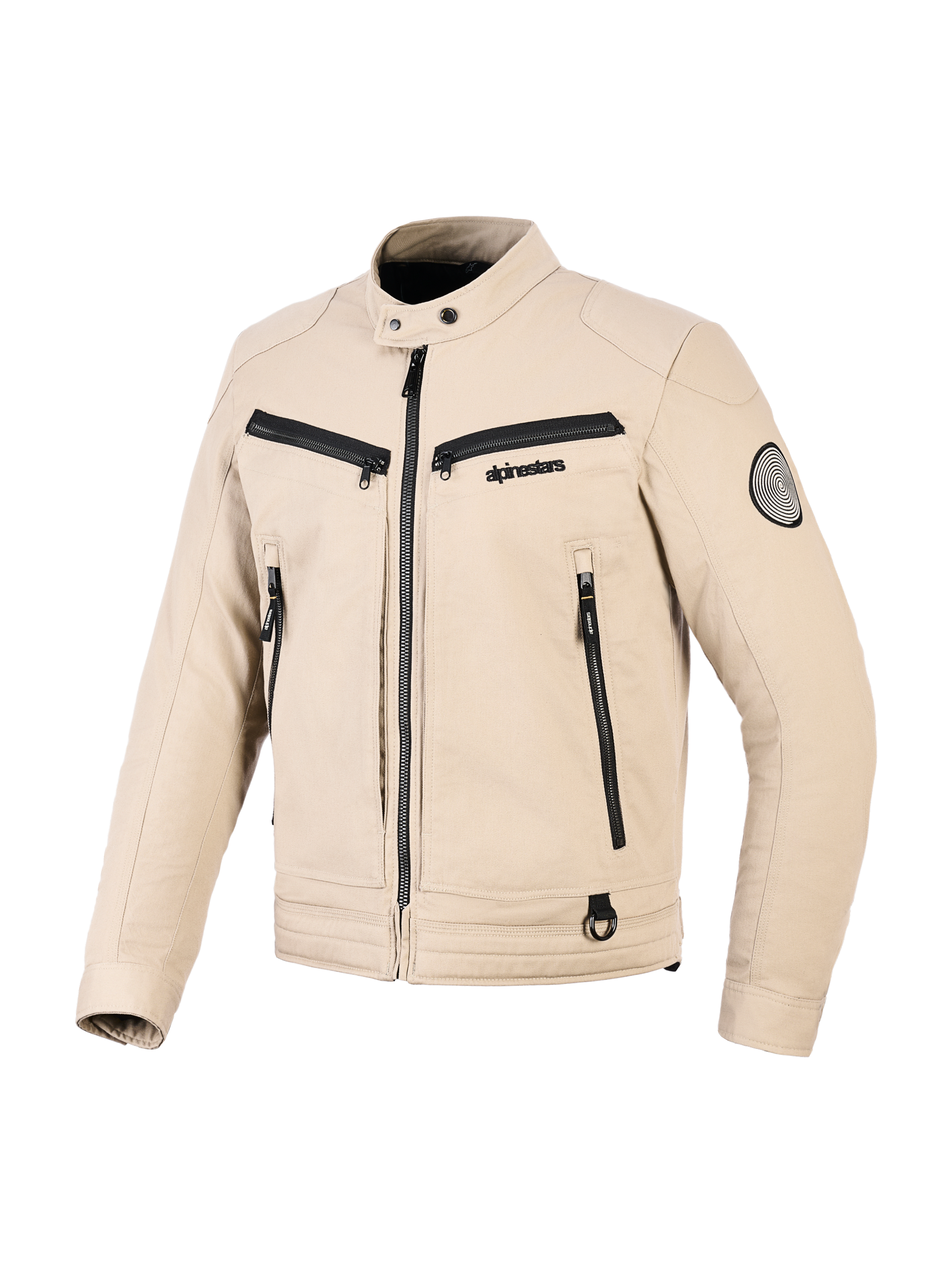 Alpinestars Bruiser-jakke, urban motorcykeljakke, tan, tekstilkonstruktion med sorte lynlåsaccenter, krave med trykknap, flere funktionelle lommer, rundt logopatch på ærmet, moderne arbejdstøjsinspireret design
