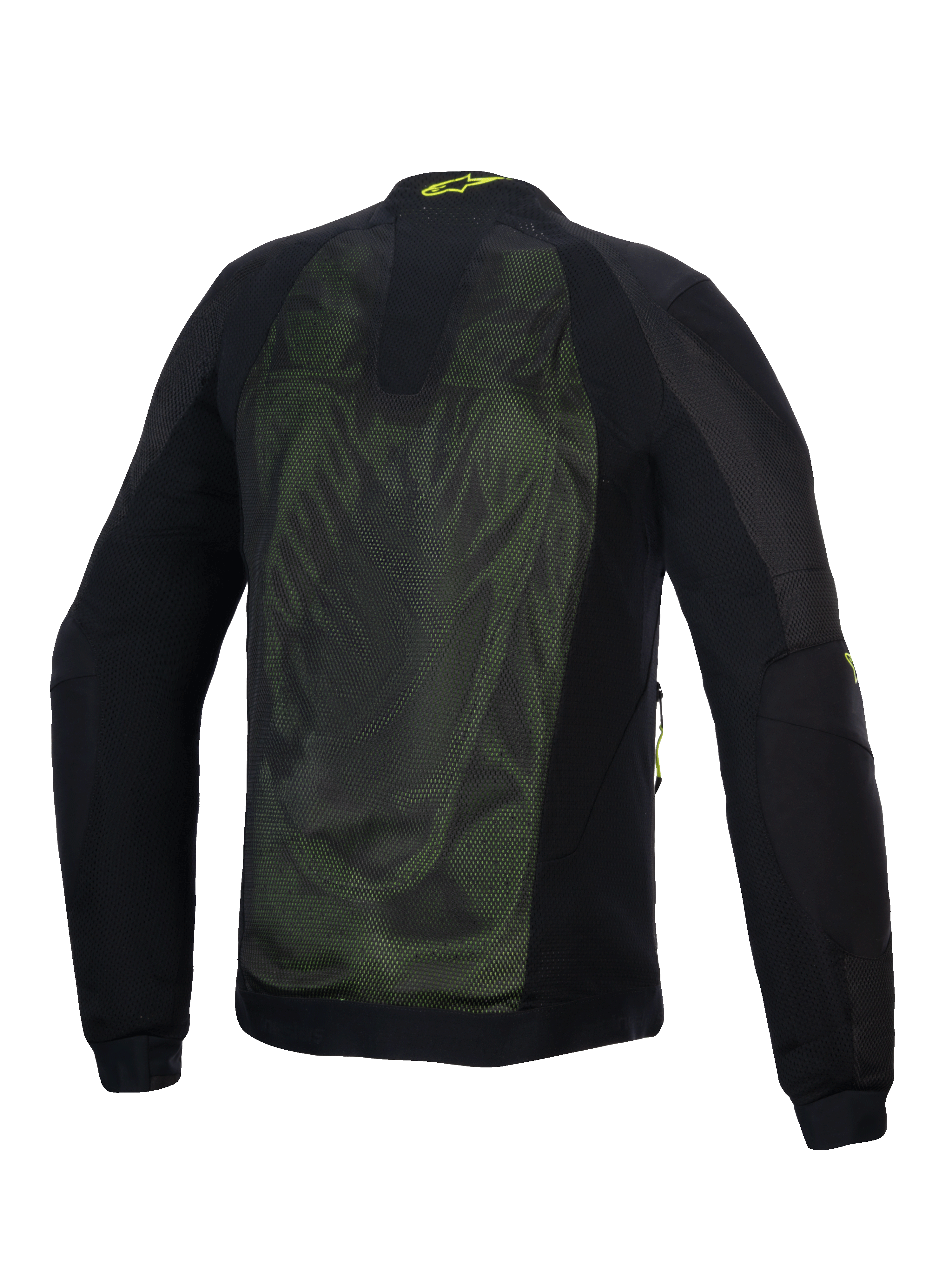 Alpinestars Troop-Air Jacket, technical motorcycle mesh jacket, Black and Yellow Fluo, rear view featuring large 2D tech mesh panels for airflow, yellow Alpinestars logo on the collar, and reinforced textile sleeves.