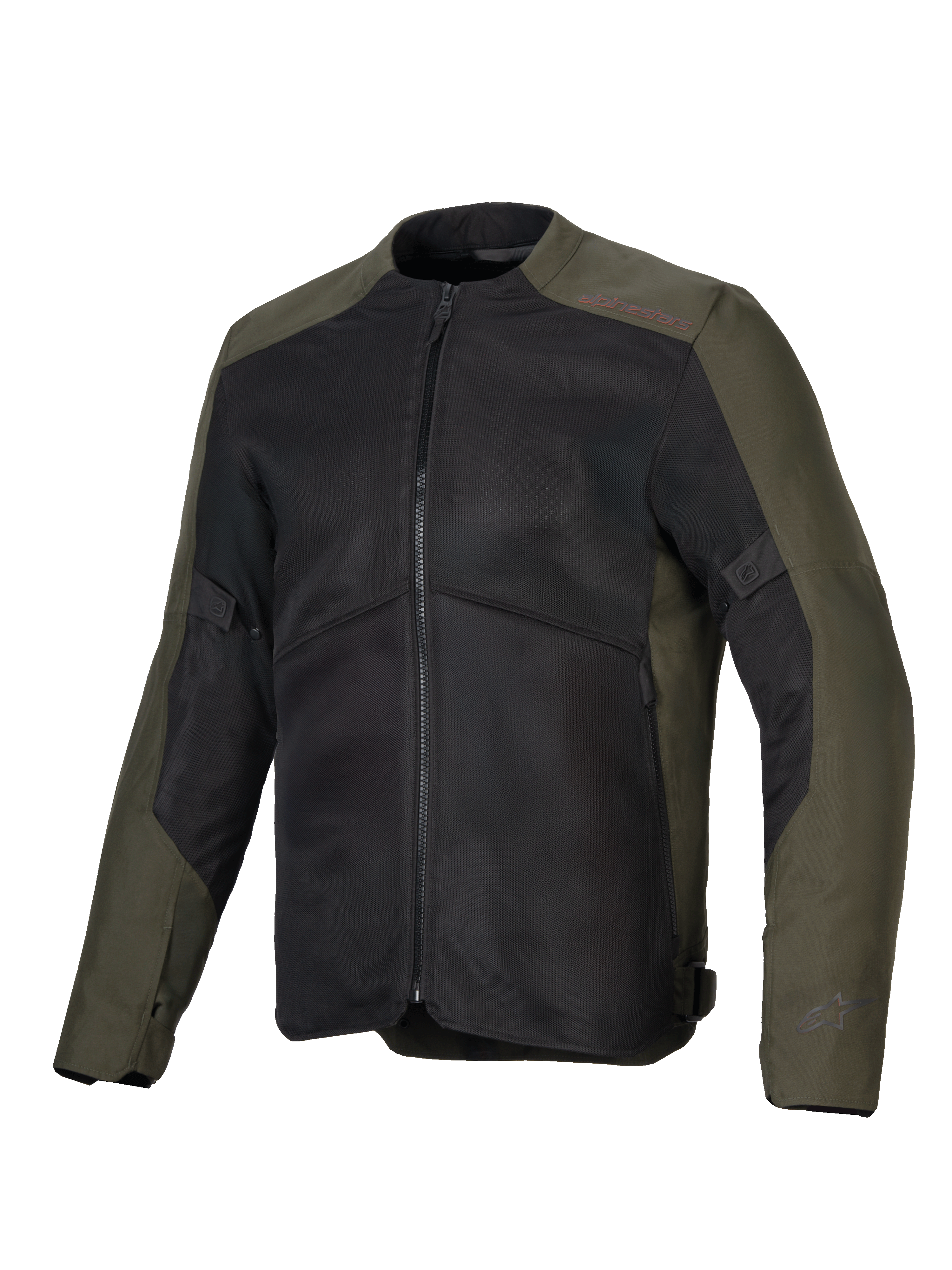 Alpinestars C-1 Air Jakke, motorcykeljakke, khaki og sort, med store mesh-paneler til ventilation, 450D polyfabric-konstruktion, raffinerede reflekterende logoer på ærmerne og kraven, urban moderne stil til bypendling og touring