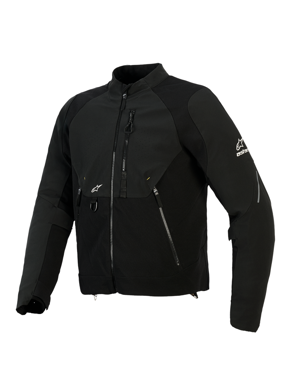 Alpinestars Provoke jakke, tekstil motorcykeljakke, sort, med ripstop softshell-paneler, laserperforeret brystzone, lynlåslommer, hvidt Alpinestars-logo på ærme og bryst, moderne urbant køreudstyr