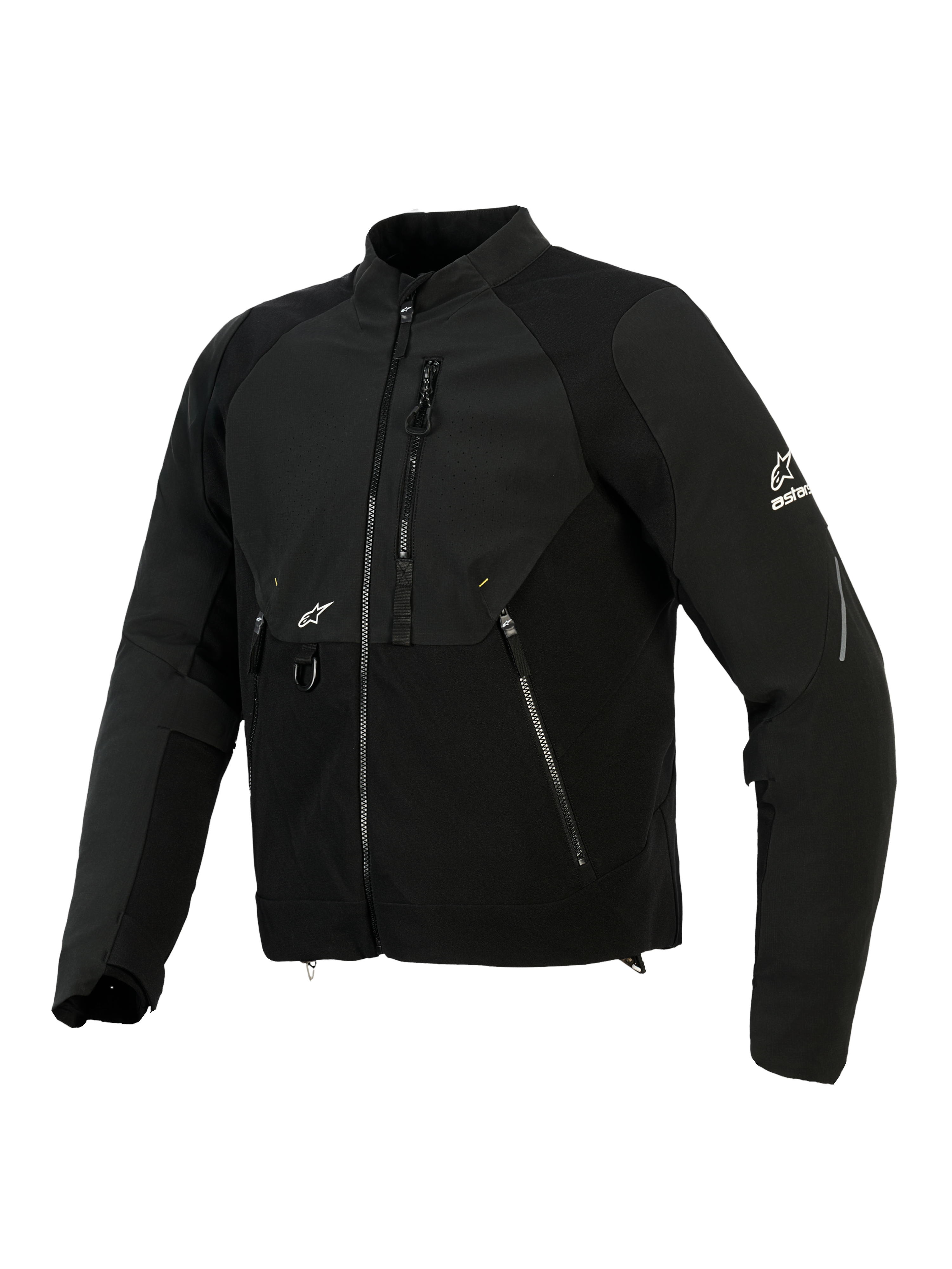Alpinestars Provoke jakke, tekstil motorcykeljakke, sort, med ripstop softshell-paneler, laserperforeret brystzone, lynlåslommer, hvidt Alpinestars-logo på ærme og bryst, moderne urbant køreudstyr