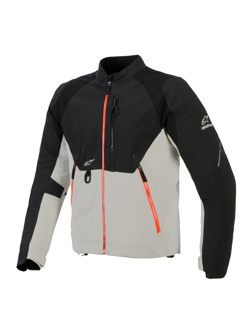 Alpinestars Provoke-jakke, urban motorcykeljakke, sort og metalgrå med fluorescerende røde lynlåsdetaljer, med laserperforerede brystpaneler, ripstop softshell-forstærkninger og D-rings-fæste foran, gadevenligt design til kørsel i varmt vejr