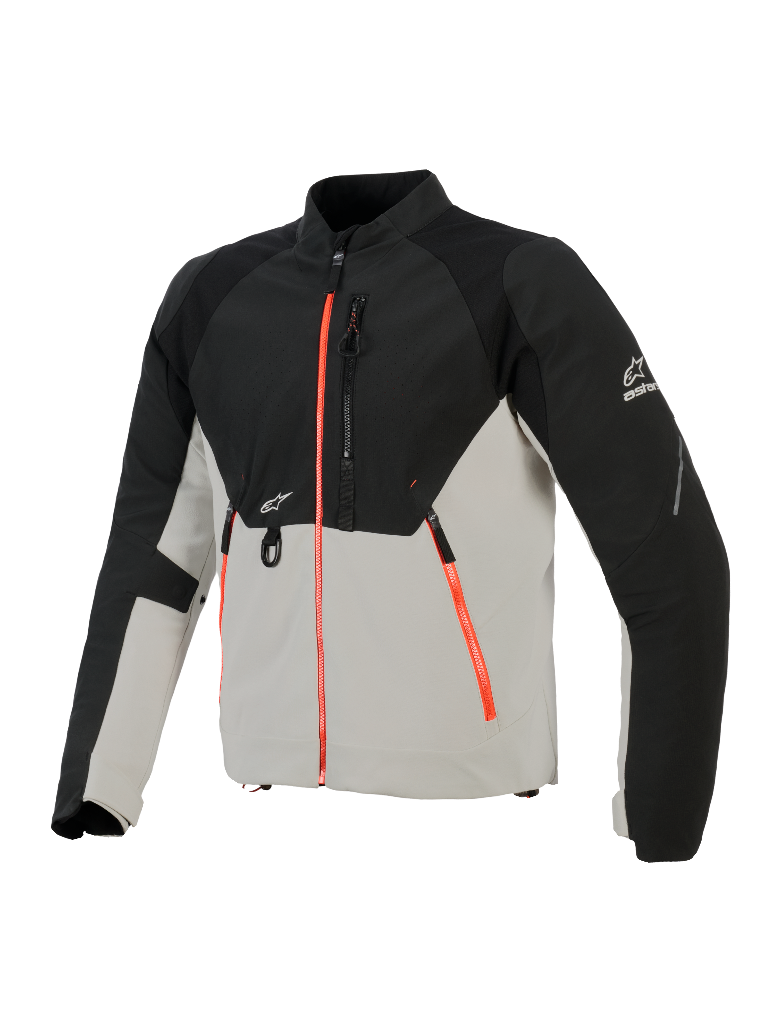 Alpinestars Provoke-jakke, urban motorcykeljakke, sort og metalgrå med fluorescerende røde lynlåsdetaljer, med laserperforerede brystpaneler, ripstop softshell-forstærkninger og D-rings-fæste foran, gadevenligt design til kørsel i varmt vejr