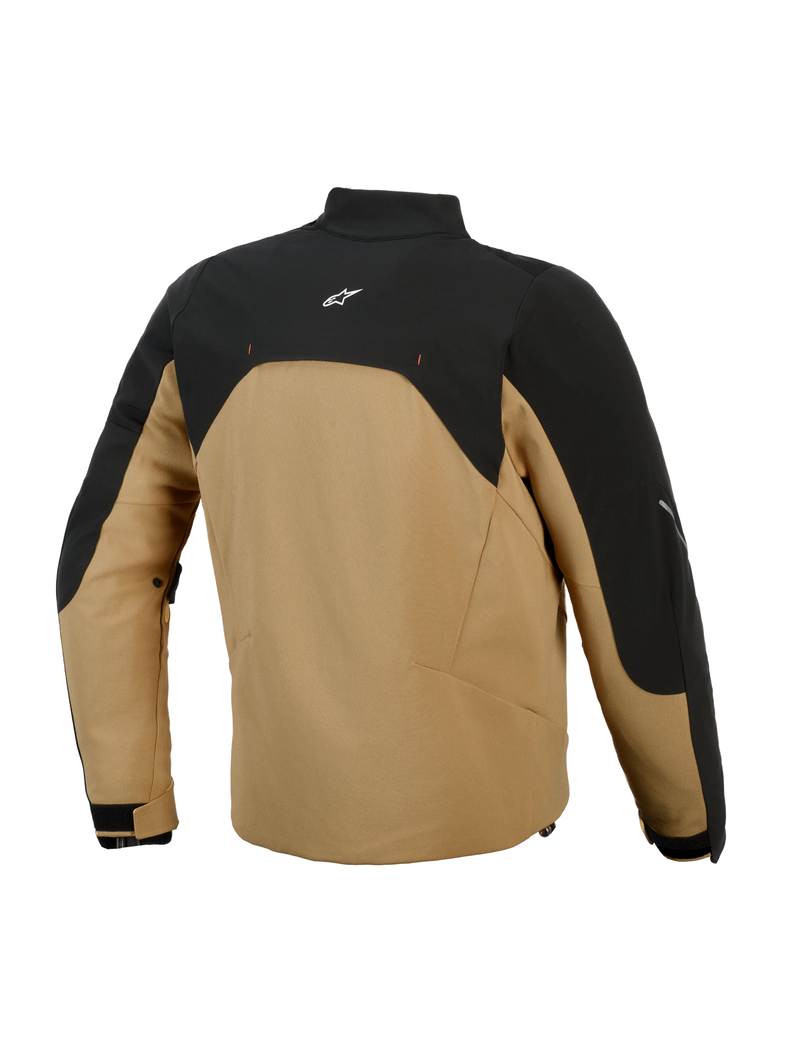 Alpinestars Provoke Jacket, urban motorcycle jacket, Black and Camel, back view featuring black upper panel with white logo, camel-colored softshell body, contemporary silhouette with reflective accents, engineered for urban riders