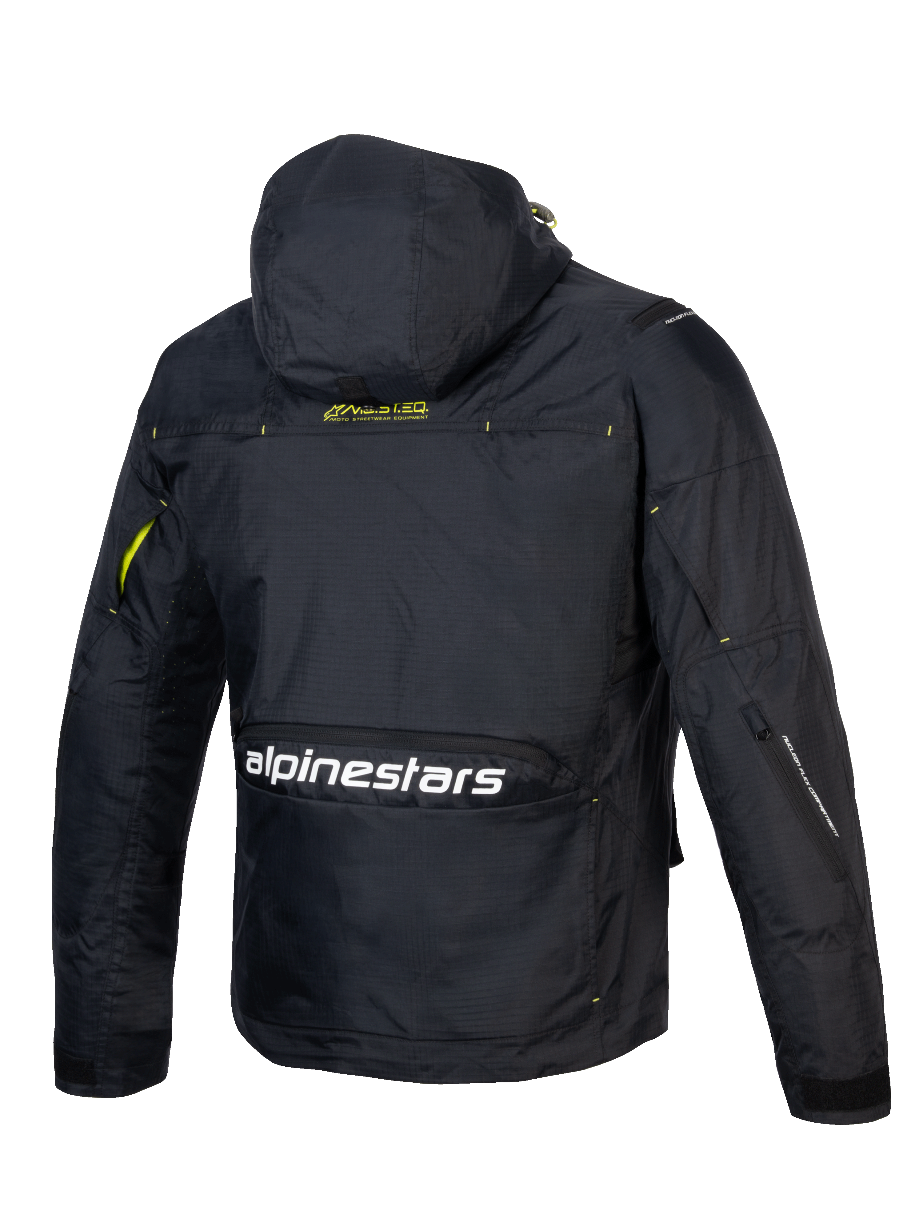 Alpinestars Mogress Air Jakke, urban motorcykeljakke til mænd, sort og limegrøn, ventileret ripstop tekstil, med hætte og ryglogo, set bagfra