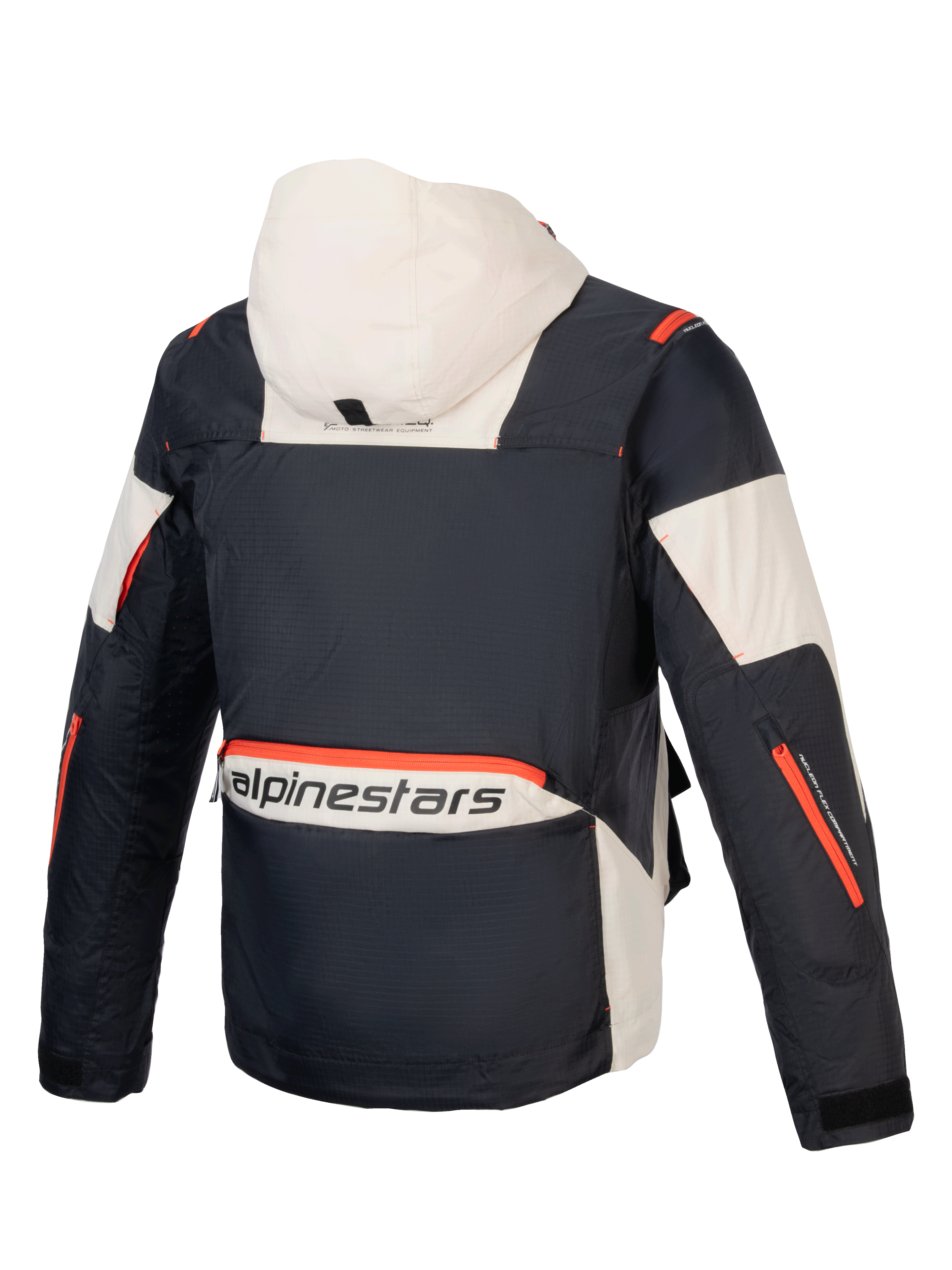 Alpinestars Mogress Air Jakke, urban herre-motorcykeljakke i sort og almond ripstop med orange detaljer, set bagfra.