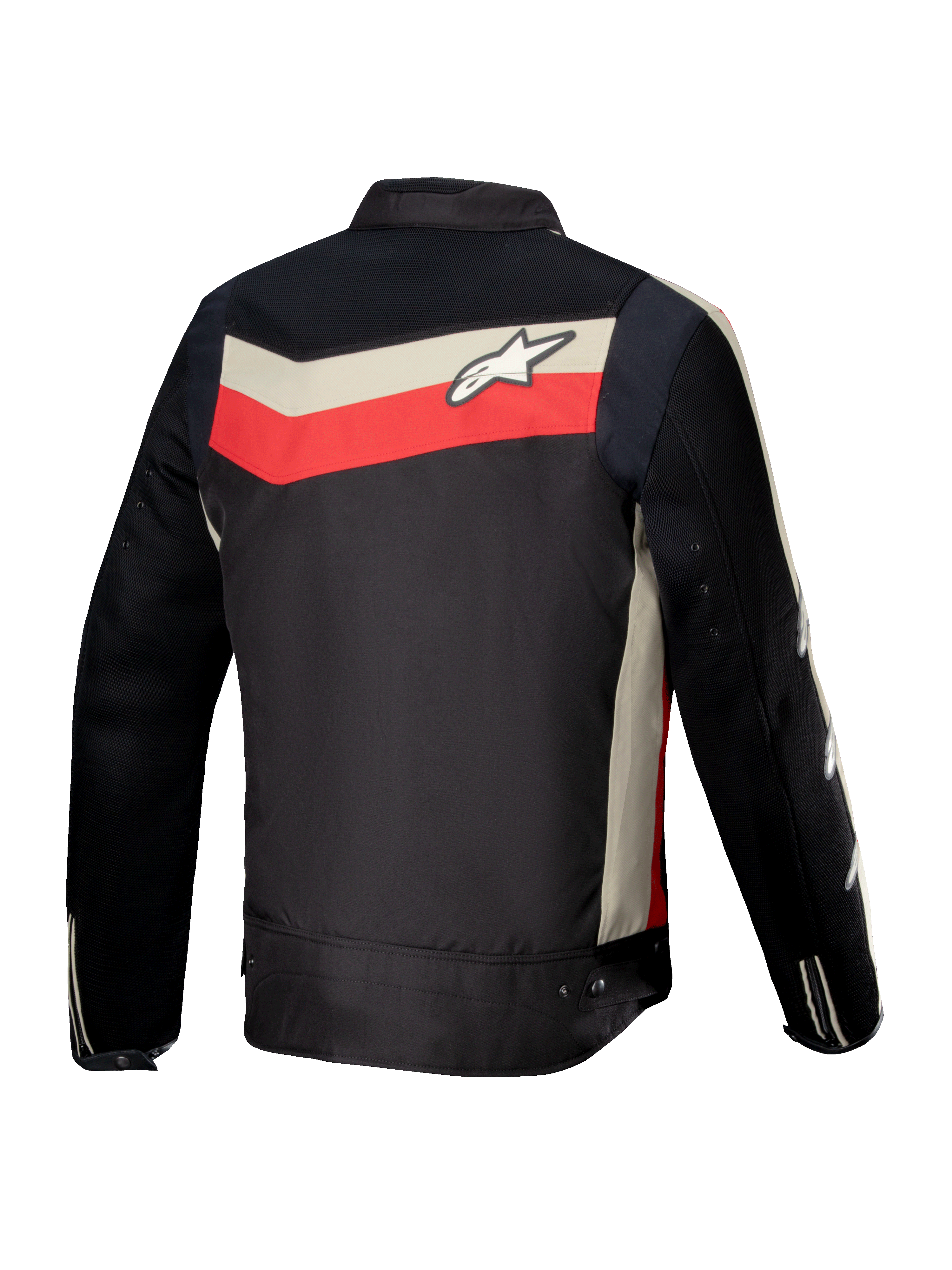Alpinestars T-Dyno Air Jakke, herre-motorcykeltekstiljakke set bagfra, sort, rød og ecru, CE-certificeret med udvidede 3D-mesh-luftstrømspaneler og vintage-inspireret bikerpasform