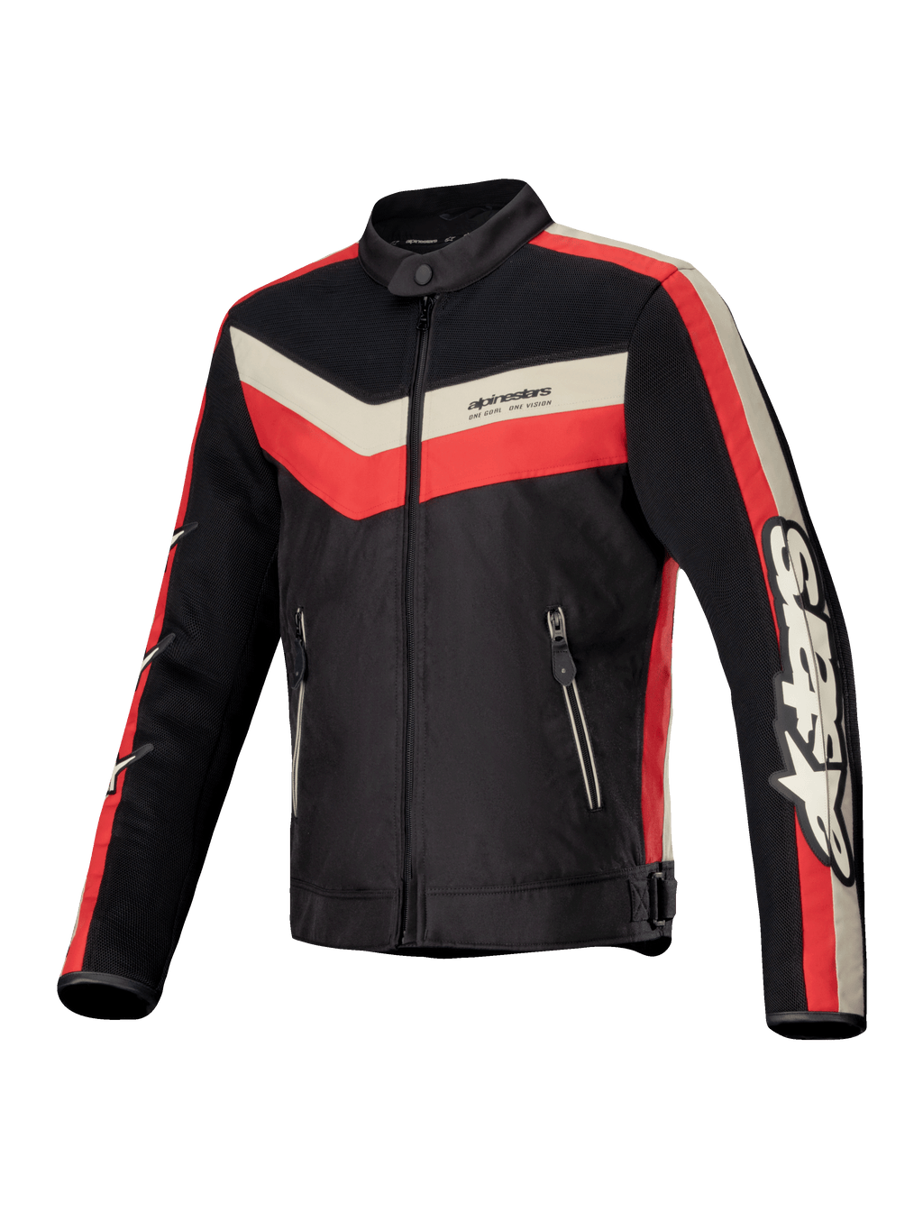 Alpinestars T-Dyno Air Jakke, herre-motorcykeltekstiljakke i sort, skraveret rød og ecru, med 3D-mesh-luftstrømsfelter og CE-certificeret beskyttelse