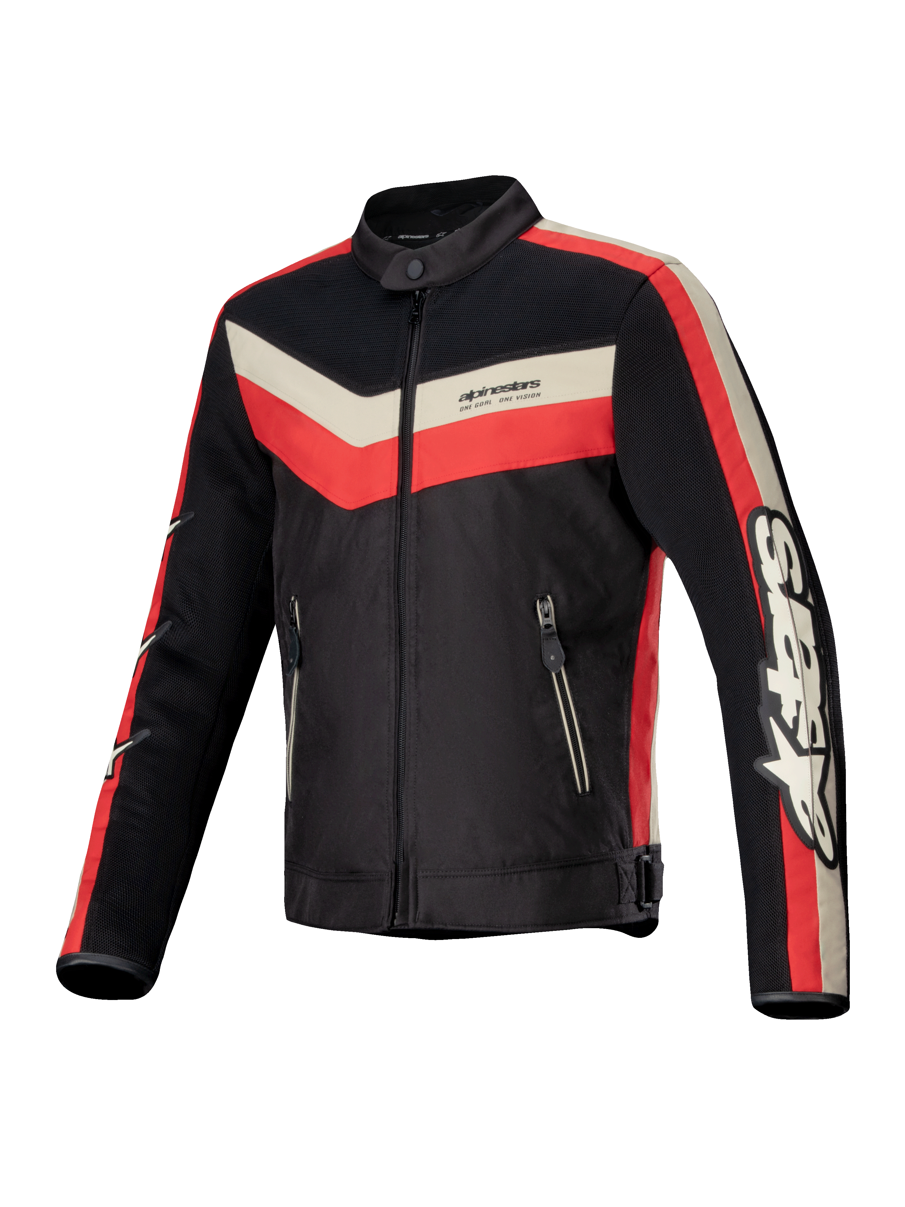 Alpinestars T-Dyno Air Jakke, herre-motorcykeltekstiljakke i sort, skraveret rød og ecru, med 3D-mesh-luftstrømsfelter og CE-certificeret beskyttelse