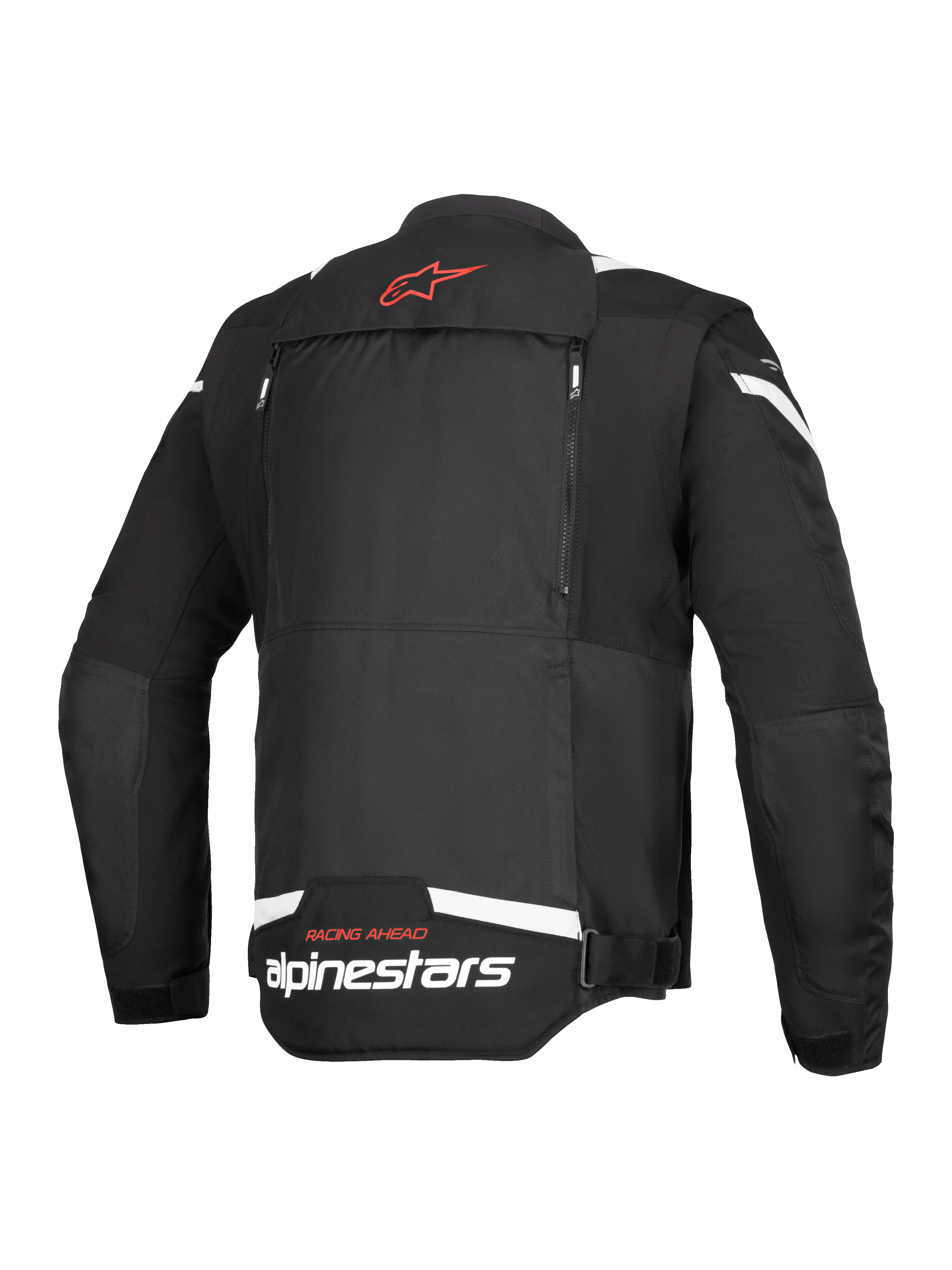 Alpinestars T-Stunt Air-jakke, set bagfra, sort og hvid, med rødt stjernelogo i nakken, hvid branding på den nederste del af ryggen og lodrette lynlåse til det modulære luftstrømssystem.