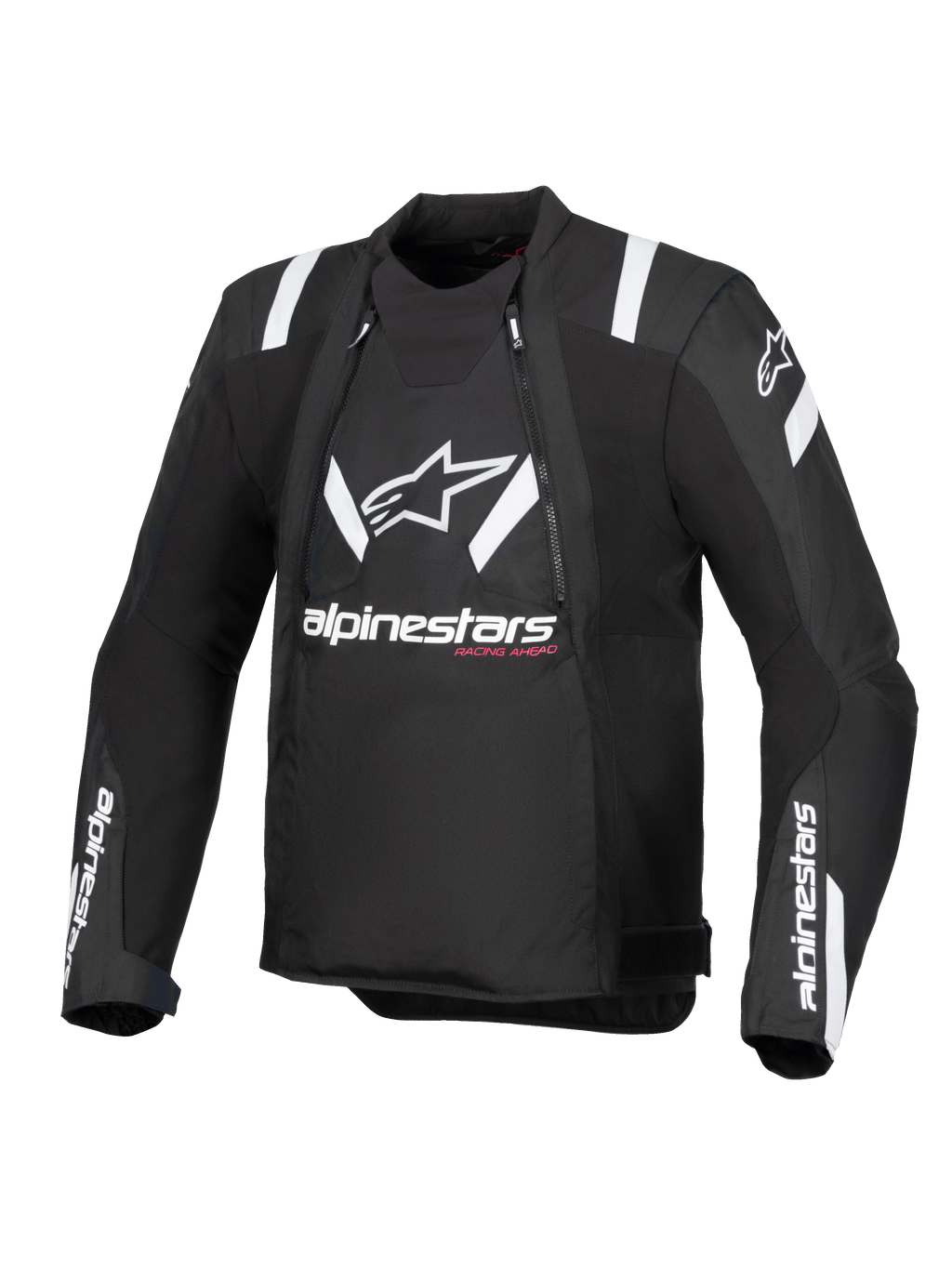 Alpinestars T-Stunt Air-jakke, sort og hvid, motorcykeljakke med sportssnit set forfra, med stort hvidt Alpinestars-logo og tekst på brystet, hvide detaljer på skuldrene og mesh-paneler til modulær ventilation