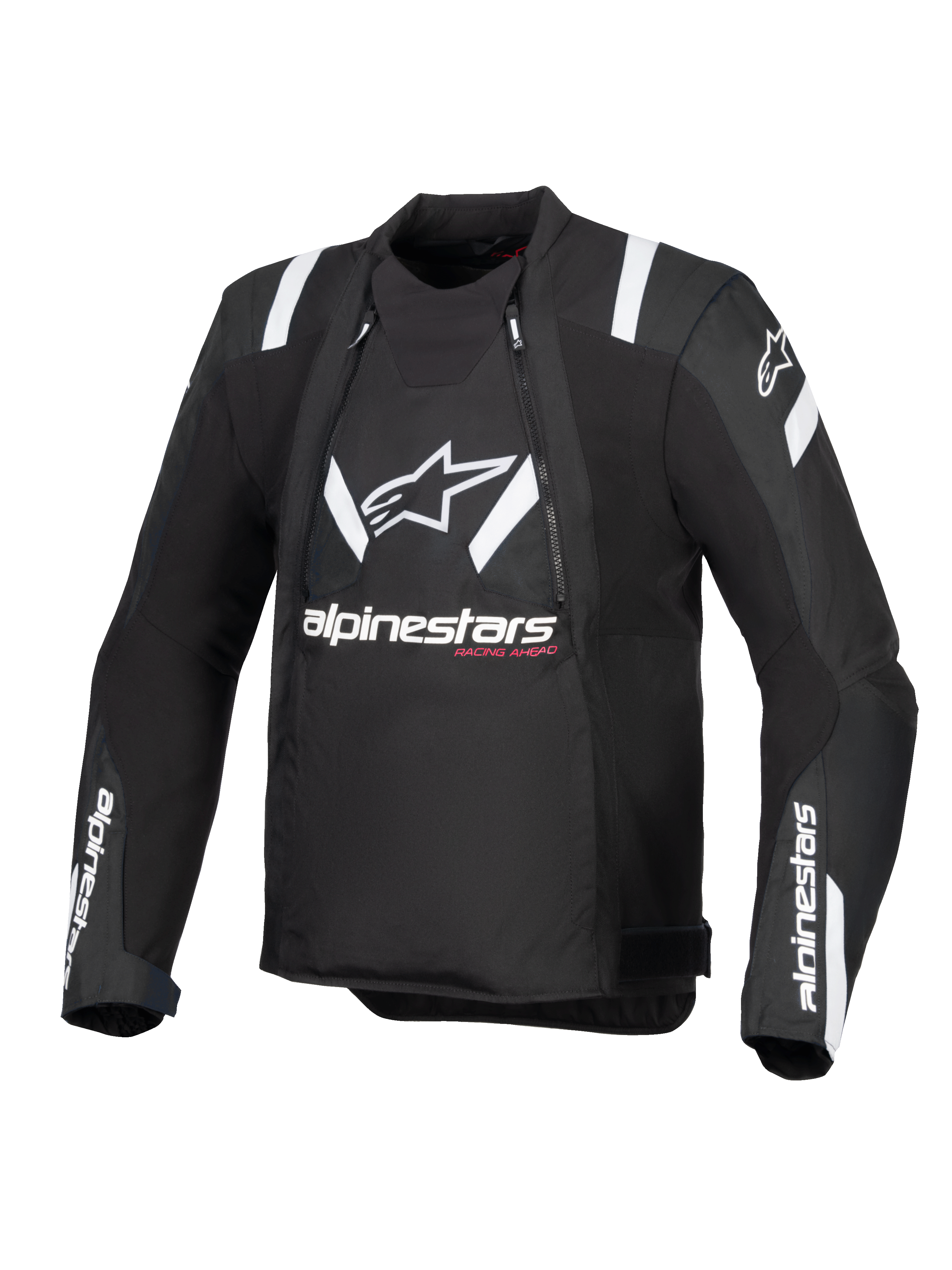 Alpinestars T-Stunt Air-jakke, sort og hvid, motorcykeljakke med sportssnit set forfra, med stort hvidt Alpinestars-logo og tekst på brystet, hvide detaljer på skuldrene og mesh-paneler til modulær ventilation