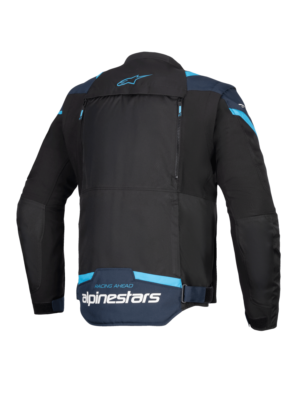 Alpinestars T-Stunt Air-jakke, motorcykeljakke, sort, mørkeblå og lyseblå, set bagfra med stort modulært rygpanel med lynlåse, Alpinestars-branding og 'Racing Ahead'-tekst på den nederste del af ryggen.