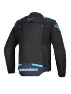 Alpinestars T-Stunt Air-jakke, motorcykeljakke, sort, mørkeblå og lyseblå, set bagfra med stort modulært rygpanel med lynlåse, Alpinestars-branding og 'Racing Ahead'-tekst på den nederste del af ryggen.