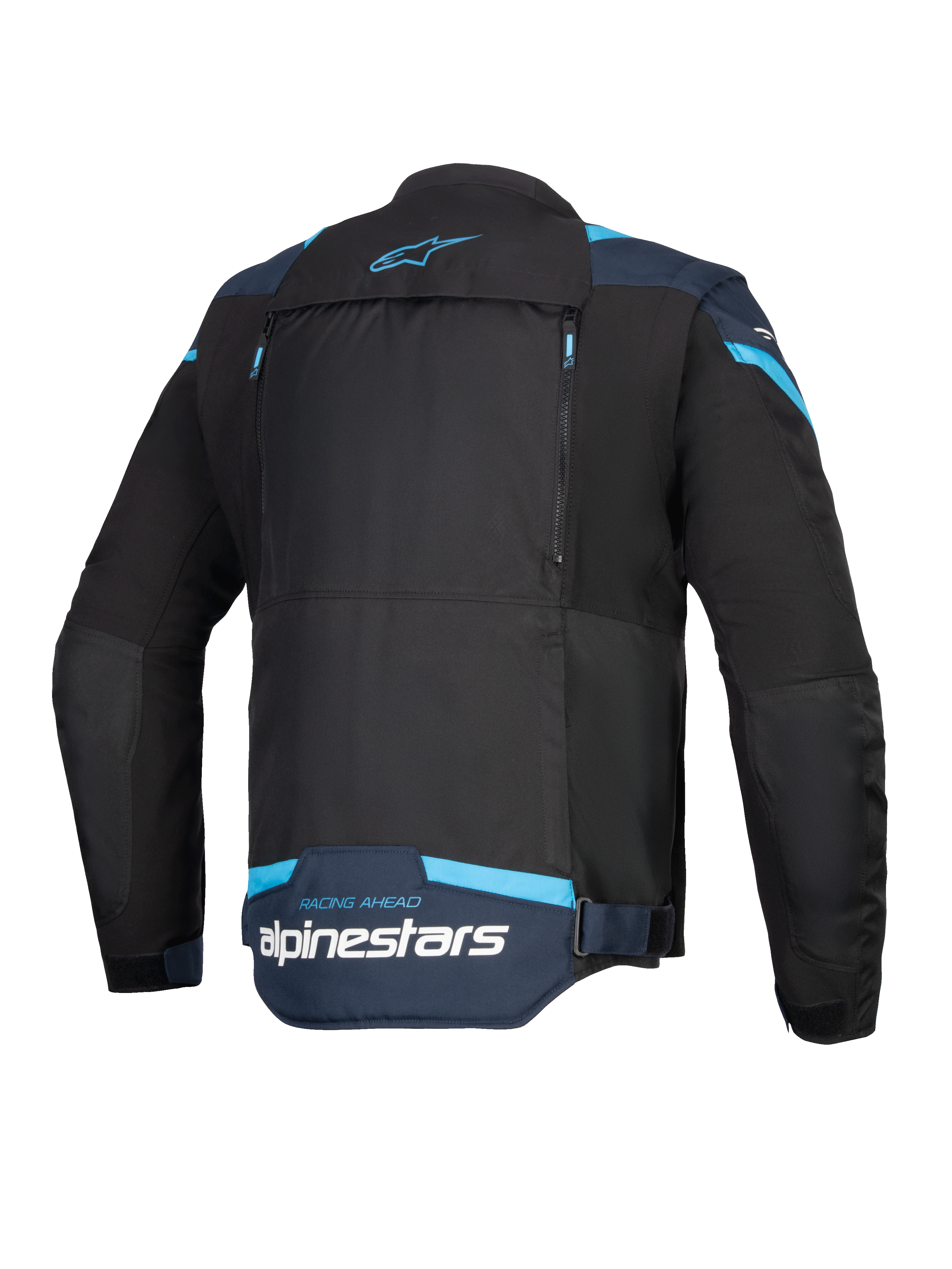 Alpinestars T-Stunt Air-jakke, motorcykeljakke, sort, mørkeblå og lyseblå, set bagfra med stort modulært rygpanel med lynlåse, Alpinestars-branding og 'Racing Ahead'-tekst på den nederste del af ryggen.