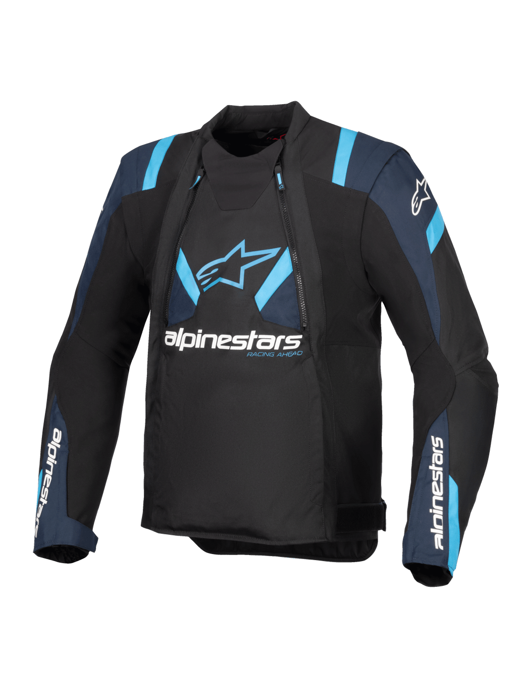 Alpinestars T-Stunt Air jakke, tekstil motorcykeljakke, sort med mørkeblå og lyseblå detaljer, modulære mesh-paneler, Alpinestars-branding på bryst og ærmer, strømlinet sport-cut design