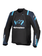 Alpinestars T-Stunt Air jakke, tekstil motorcykeljakke, sort med mørkeblå og lyseblå detaljer, modulære mesh-paneler, Alpinestars-branding på bryst og ærmer, strømlinet sport-cut design