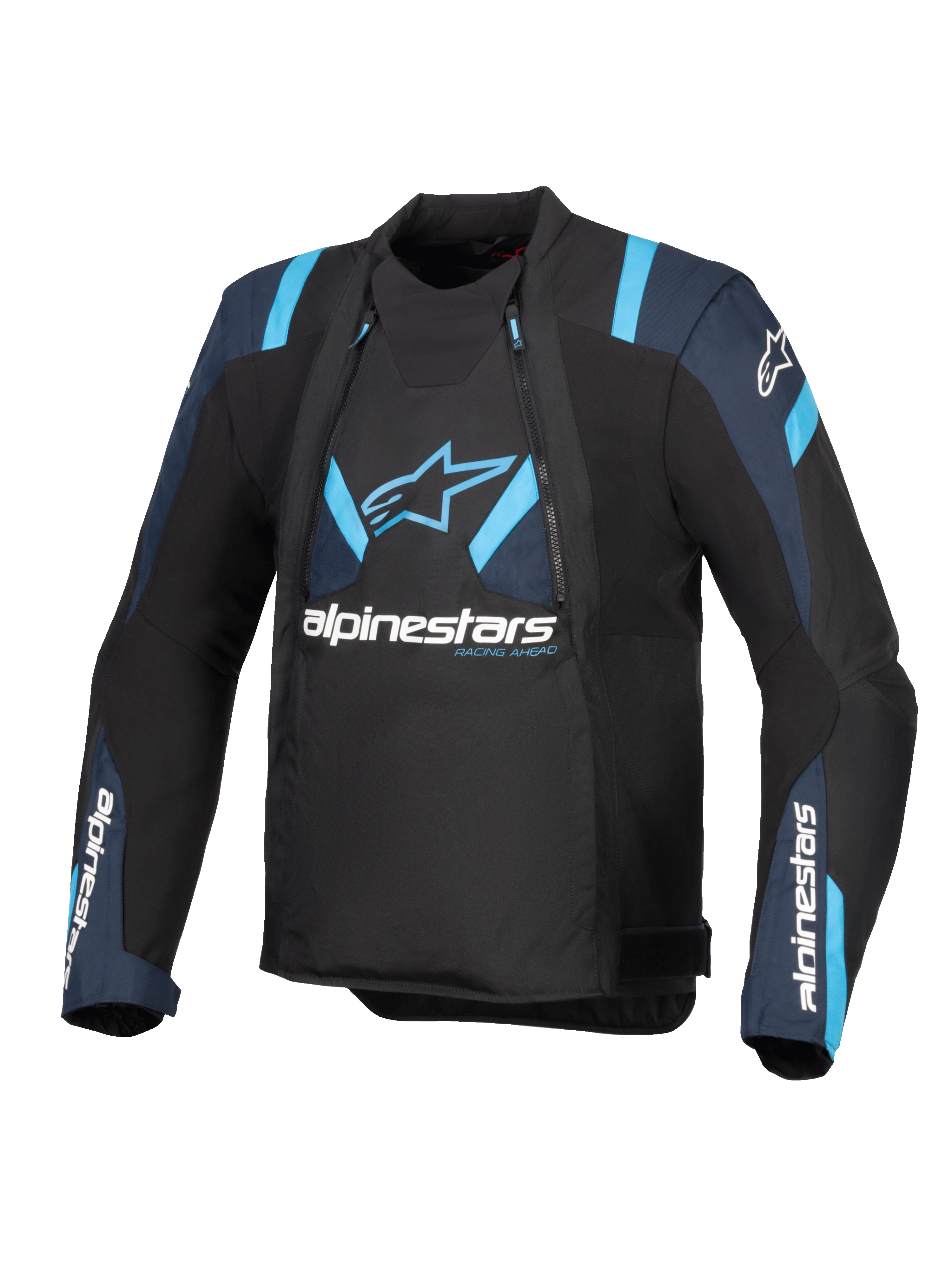 Alpinestars T-Stunt Air jakke, tekstil motorcykeljakke, sort med mørkeblå og lyseblå detaljer, modulære mesh-paneler, Alpinestars-branding på bryst og ærmer, strømlinet sport-cut design