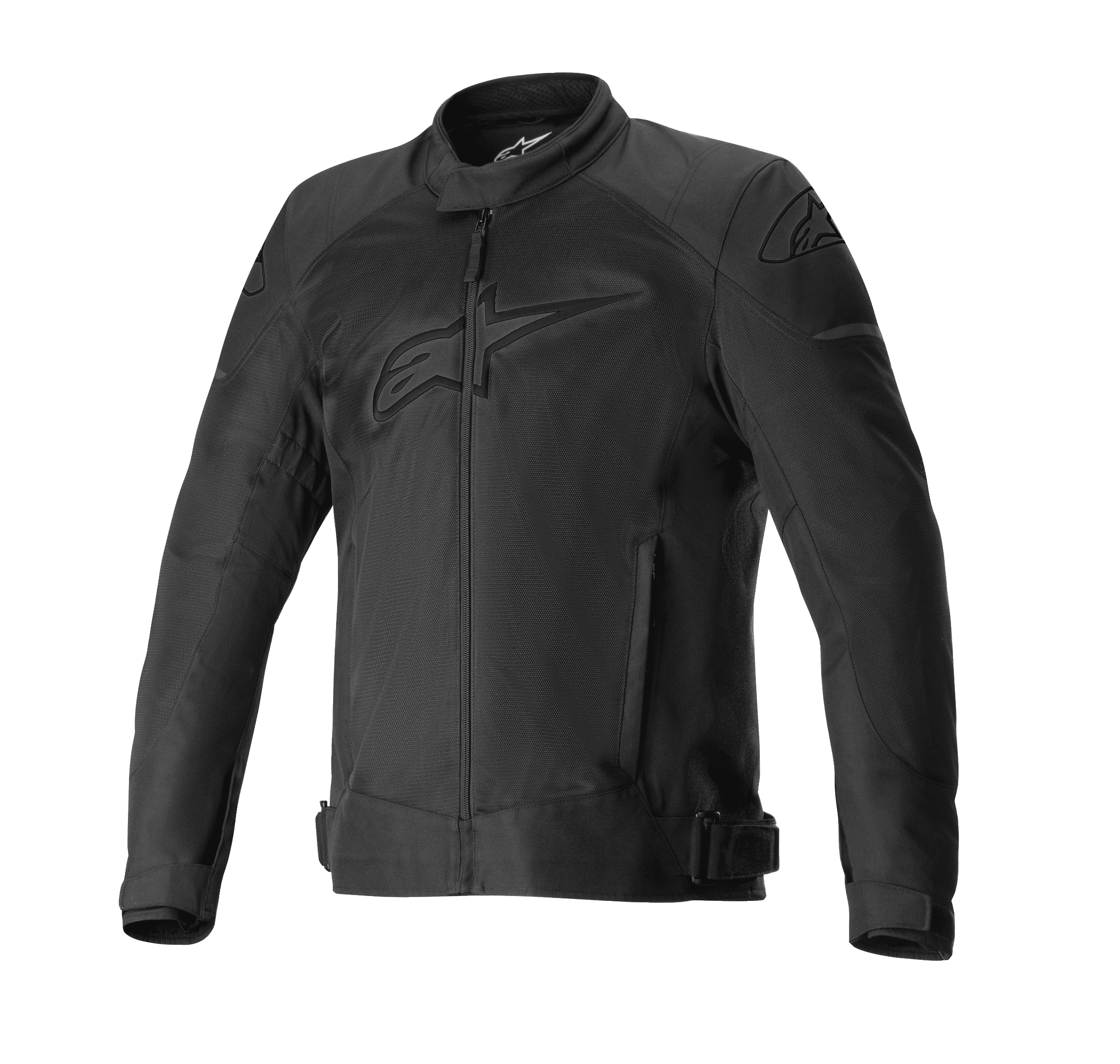 Alpinestars T-SP X Superair Jacket, Black Motorcycle Jacket, tonal chest and shoulder logos, extensive mesh paneling for airflow, front zipper, side pockets, and adjustable waist straps, sporty road riding design