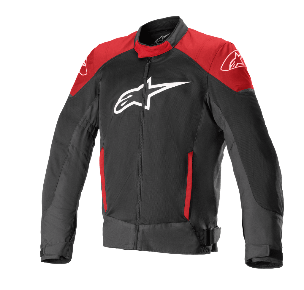 Alpinestars T-SP X Superair Jacket, Motorcycle Riding Jacket, Black and Bright Red, featuring a large white logo on the chest, red panels on the shoulders and pockets, technical mesh fabric for ventilation, and a tailored sport fit.