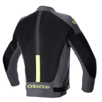 Alpinestars T-SP X Superair Jacket, Motorcycle Jacket, Tar Gray, Black, and Yellow Fluo, rear view featuring large mesh panels for ventilation and fluorescent yellow branding on the lower back and shoulder.
