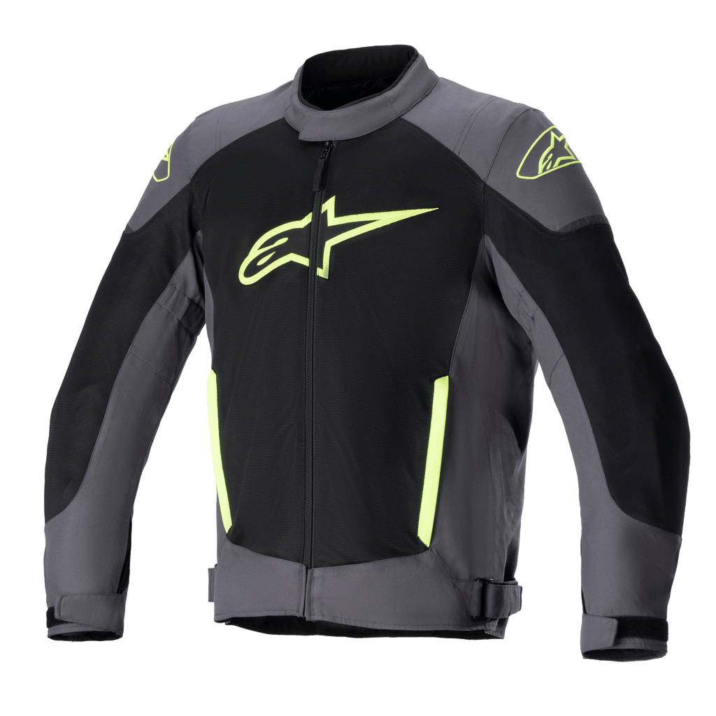 Alpinestars T-SP X Superair Jacket, Motorcycle Textile Jacket, Tar Gray and Black with Yellow Fluo accents, featuring a large yellow logo on the chest, extensive mesh paneling for ventilation, and sport fit design for summer riding