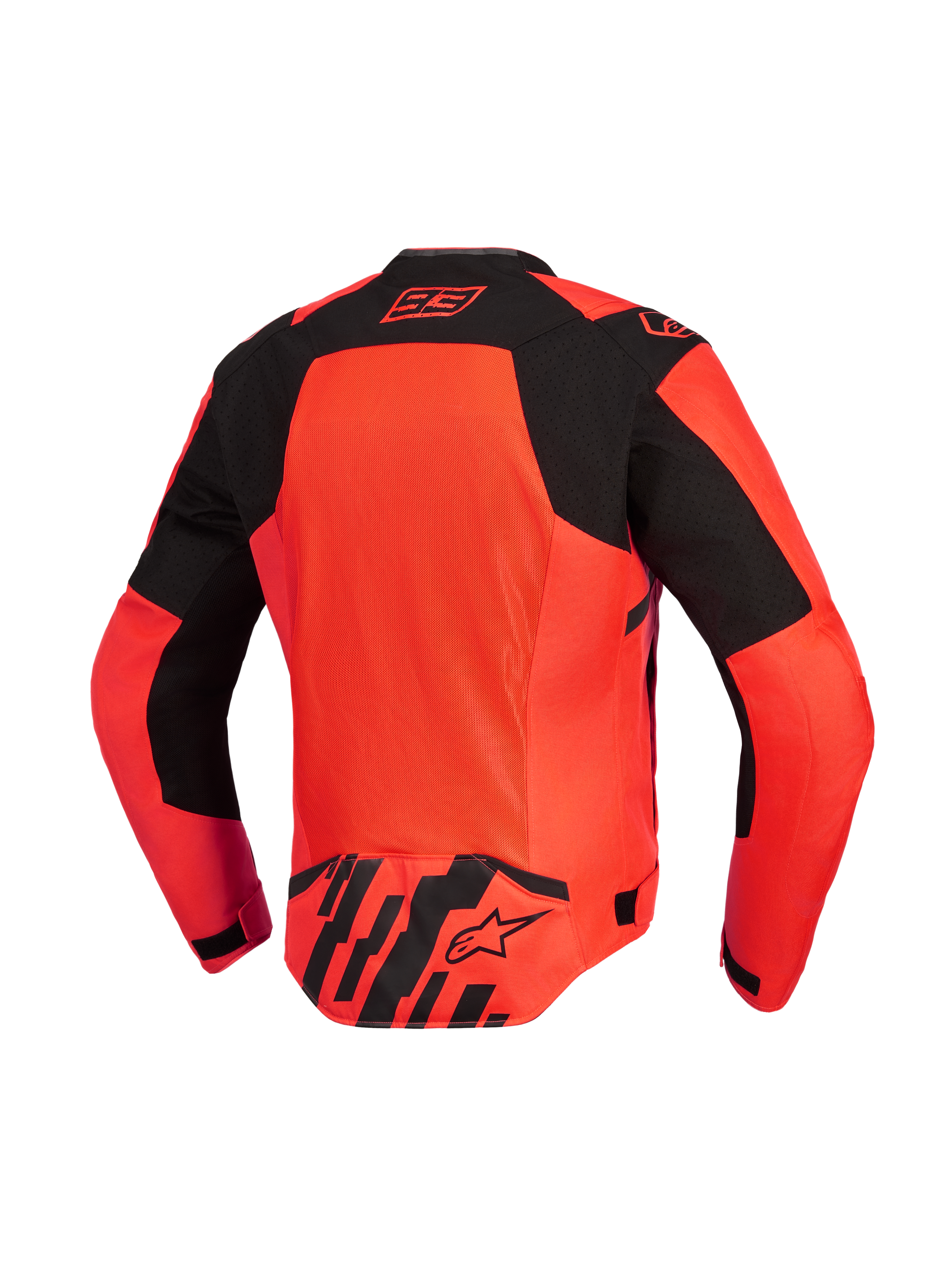 Alpinestars MM93 T-SPS Air V2 Jakke, set bagfra, Red Fluo og sort, motorcykeljakke med et stort mesh-ventilationspanel, signatur Marc Marquez 93-logo på kraven og Alpinestars-logo på den nederste del af ryggen