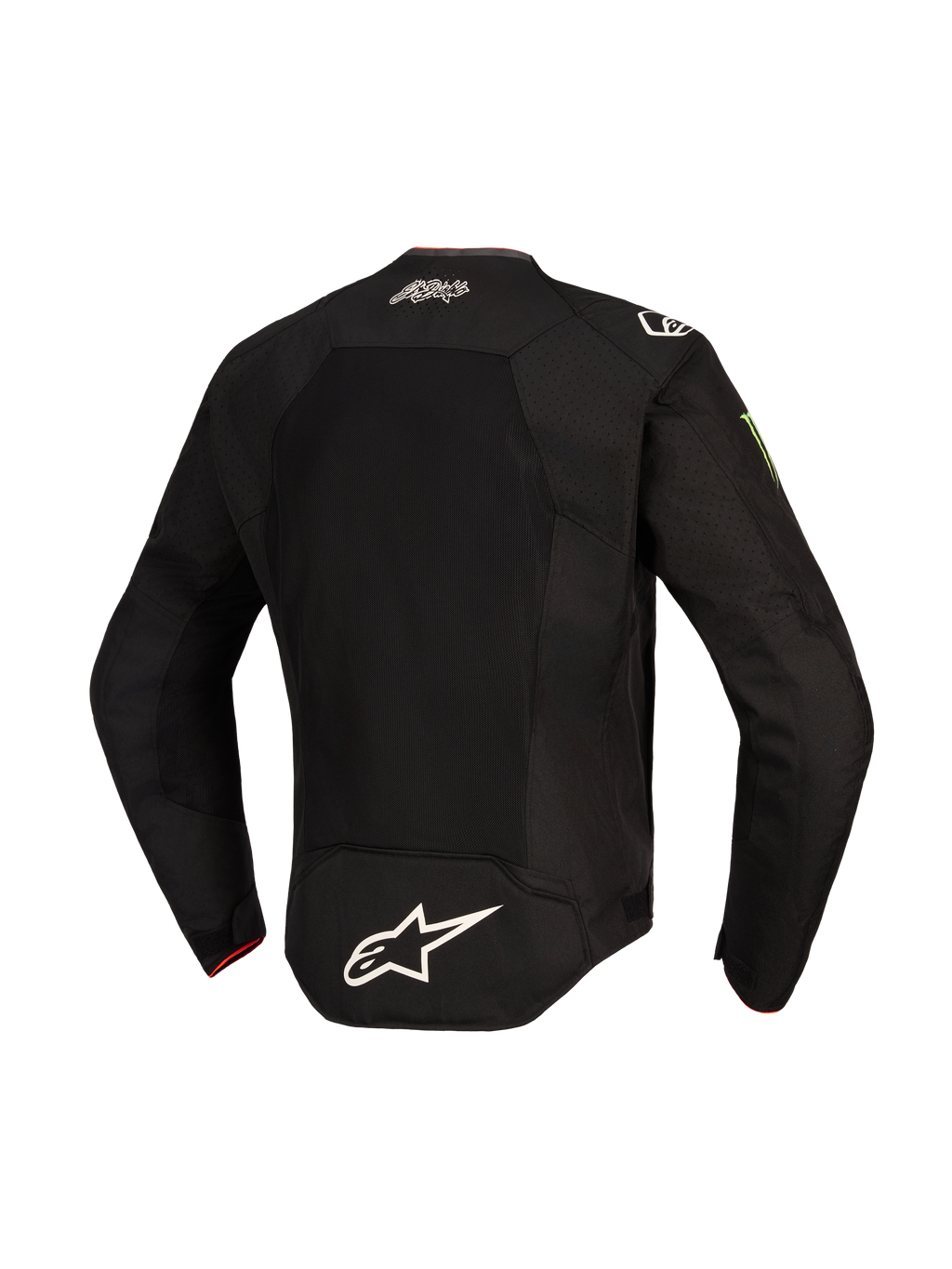 Alpinestars FQ20 T-SPS Air V2 Monster Jakke, set bagfra, sort, med et stort mesh-ventilationspanel, hvidt Alpinestars-logo nederst på ryggen, El Diablo-signatur øverst på ryggen og Monster Energy-logo på ærmet, tekstil motorcykeljakke til sportskørsel