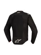Alpinestars FQ20 T-SPS Air V2 Monster Jakke, set bagfra, sort, med et stort mesh-ventilationspanel, hvidt Alpinestars-logo nederst på ryggen, El Diablo-signatur øverst på ryggen og Monster Energy-logo på ærmet, tekstil motorcykeljakke til sportskørsel