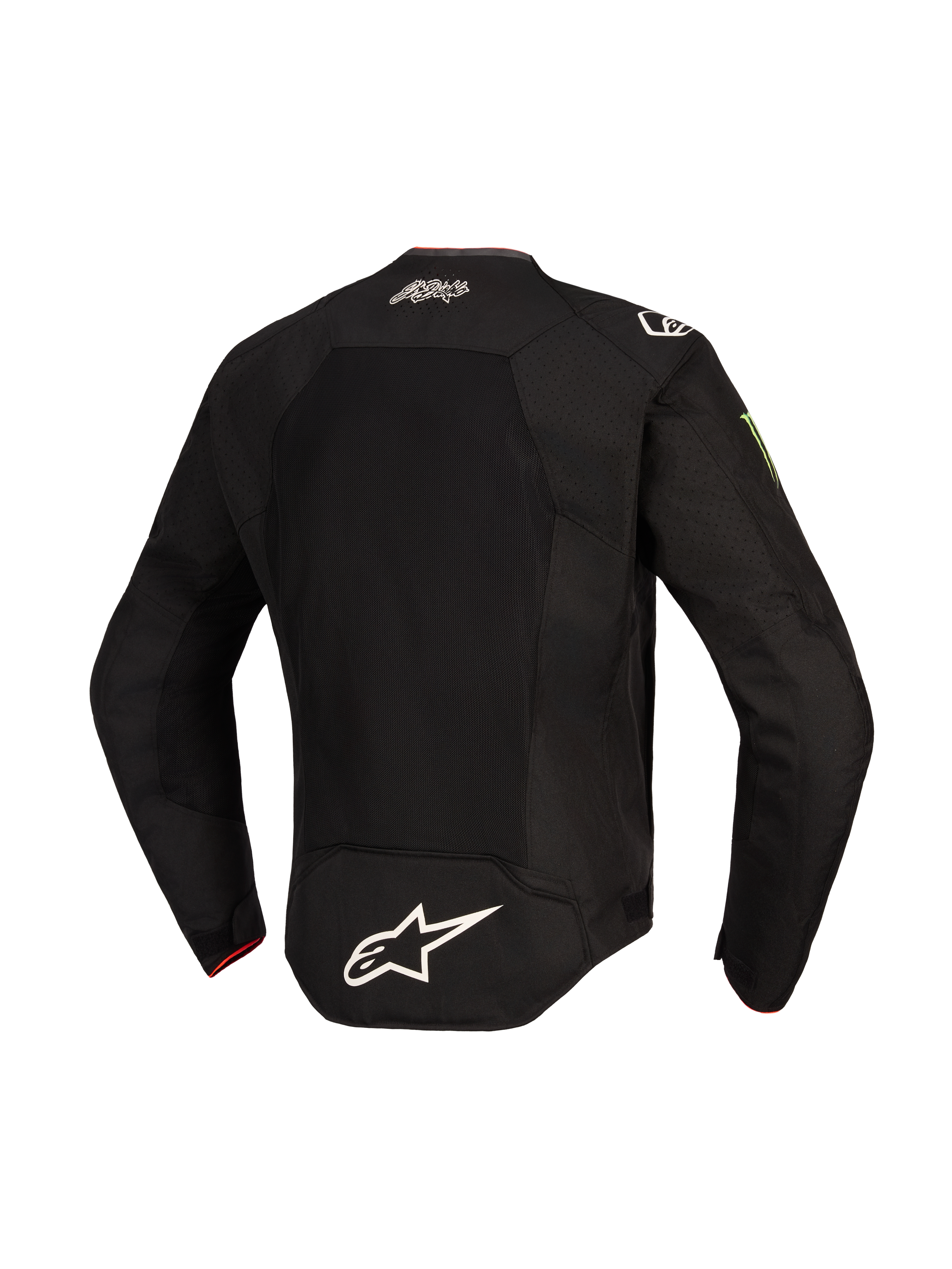 Alpinestars FQ20 T-SPS Air V2 Monster Jakke, set bagfra, sort, med et stort mesh-ventilationspanel, hvidt Alpinestars-logo nederst på ryggen, El Diablo-signatur øverst på ryggen og Monster Energy-logo på ærmet, tekstil motorcykeljakke til sportskørsel