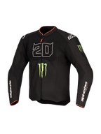 Alpinestars FQ20 T-SPS Air V2 Monster-jakke, tekstil motorcykeljakke, sort med stor hvid '20'-grafik, grønne Monster Energy-klo-logoer og røde detaljer på krave og manchetter, mesh-paneler til ventilation, Alpinestars-branding på ærmerne, præstationsorienteret pasform til sportskørsel