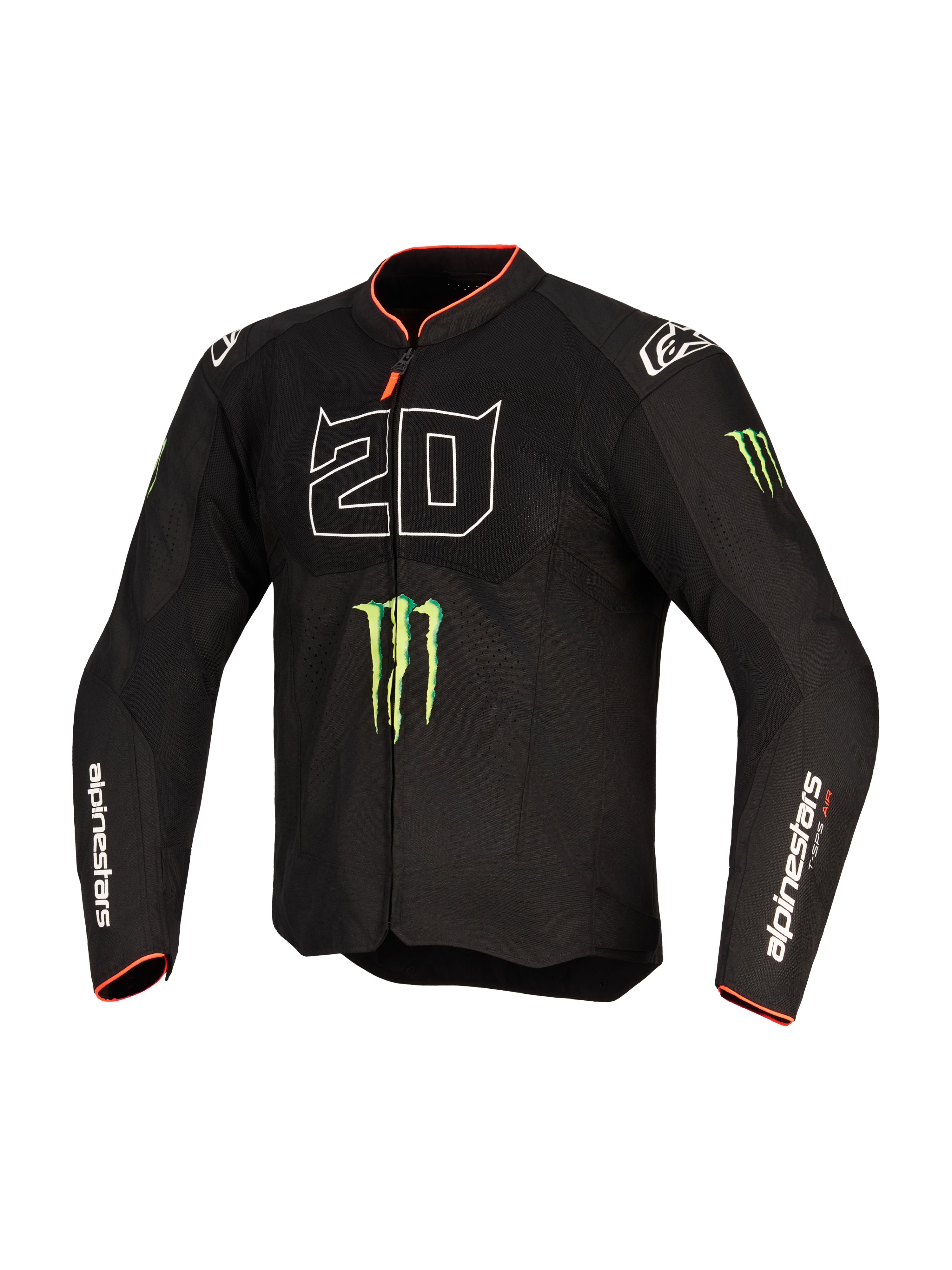 Alpinestars FQ20 T-SPS Air V2 Monster-jakke, tekstil motorcykeljakke, sort med stor hvid '20'-grafik, grønne Monster Energy-klo-logoer og røde detaljer på krave og manchetter, mesh-paneler til ventilation, Alpinestars-branding på ærmerne, præstationsorienteret pasform til sportskørsel