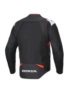 Alpinestars Honda T-SPS Air V2 Jacket, textile motorcycle jacket, Black White and Bright Red, back view showing large mesh panel for airflow and white Honda logo on the lower back, sport-style design for summer urban riding