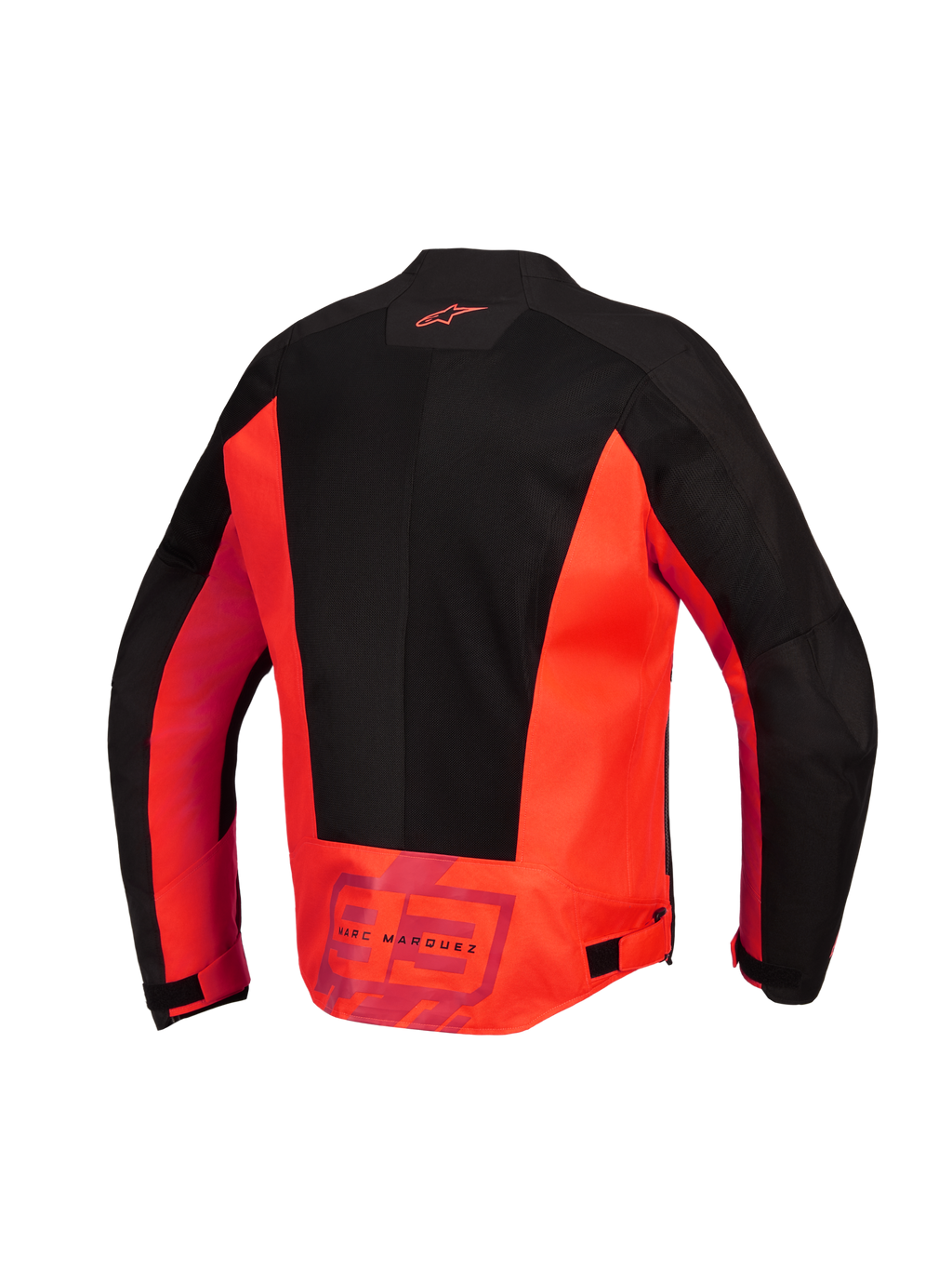 Alpinestars MM93 C-1 Air-jakke, set bagfra, rød fluo og sort, tekstil-motorcykeljakke med store tech mesh-paneler, Alpinestars-logo på øverste del af ryggen og 'MM93 Marc Marquez'-branding på den nederste del af ryggen, justerbare taljespænder