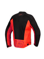 Alpinestars MM93 C-1 Air-jakke, set bagfra, rød fluo og sort, tekstil-motorcykeljakke med store tech mesh-paneler, Alpinestars-logo på øverste del af ryggen og 'MM93 Marc Marquez'-branding på den nederste del af ryggen, justerbare taljespænder