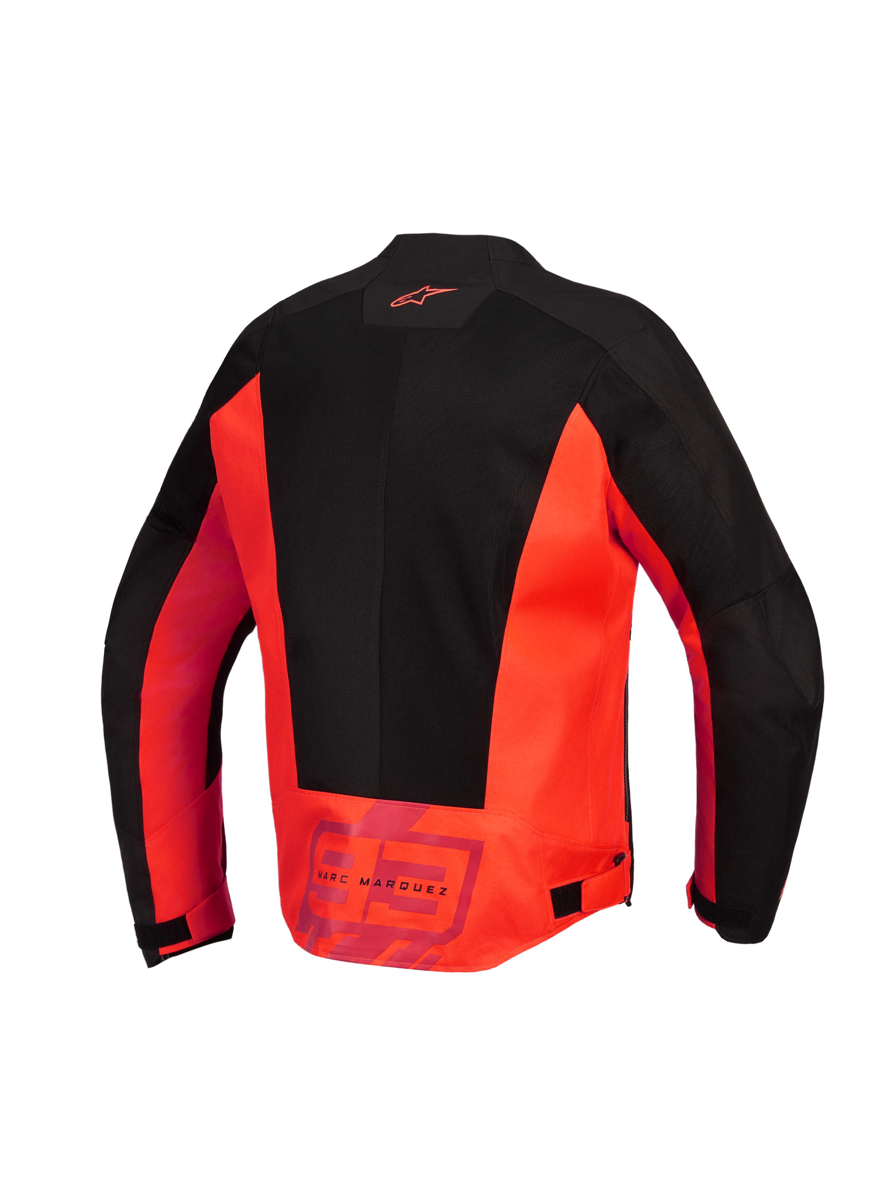 Alpinestars MM93 C-1 Air-jakke, set bagfra, rød fluo og sort, tekstil-motorcykeljakke med store tech mesh-paneler, Alpinestars-logo på øverste del af ryggen og 'MM93 Marc Marquez'-branding på den nederste del af ryggen, justerbare taljespænder