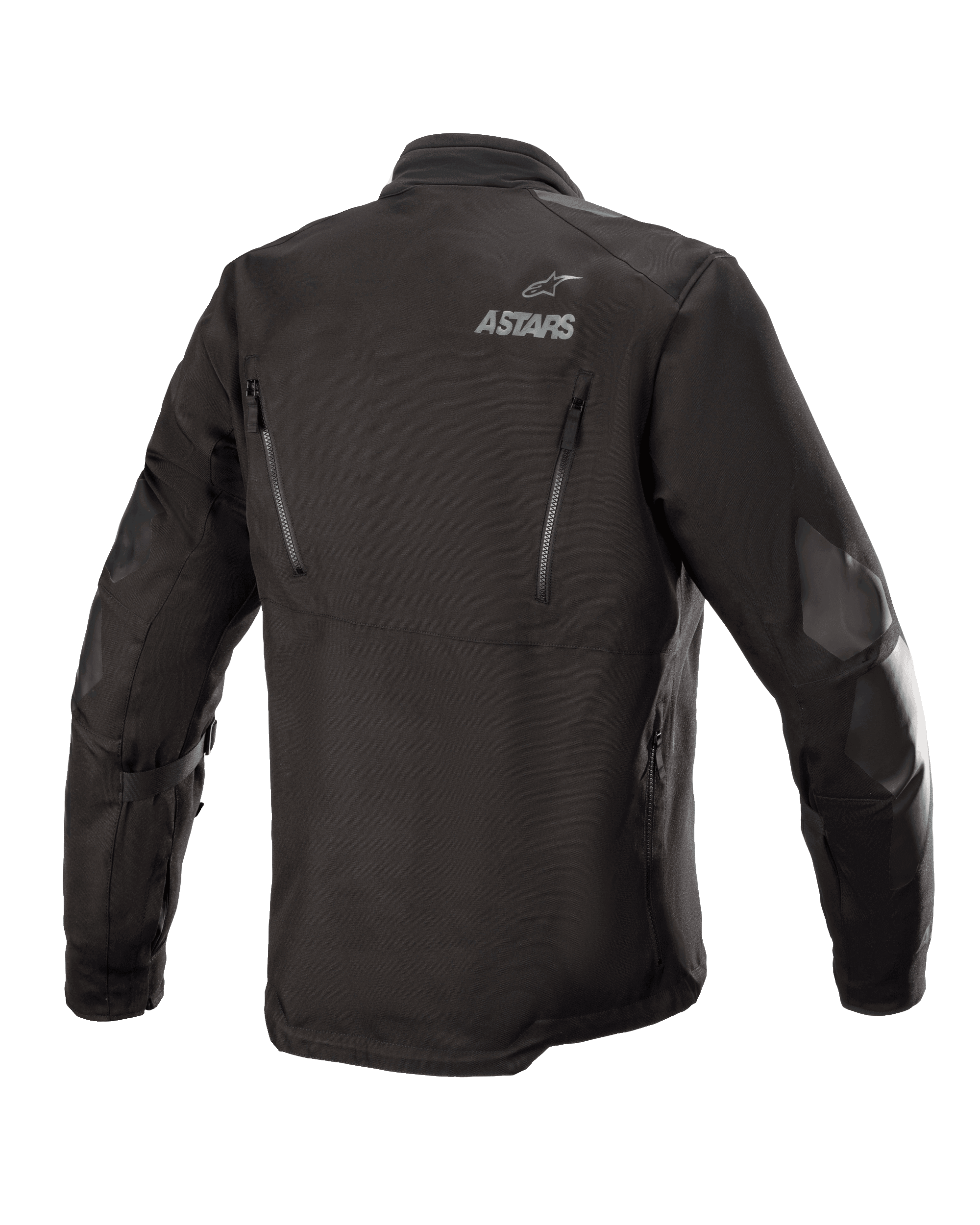 Alpinestars Venture XT-jakke, sort, set bagfra, adventure touring-motorcykeljakke i tekstil, ASTARS-branding på skulderen, lodrette ventilationslynlåse på ryggen, PU-filmforstærkninger på ærmerne