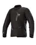 Alpinestars Venture XT jakke, sort tekstil motorcykeljakke, set forfra med brystlomme med lynlås og store ventilationsåbninger på ærmerne, justerbare stropper på armene, høj krave, vandafvisende konstruktion til adventure touring.