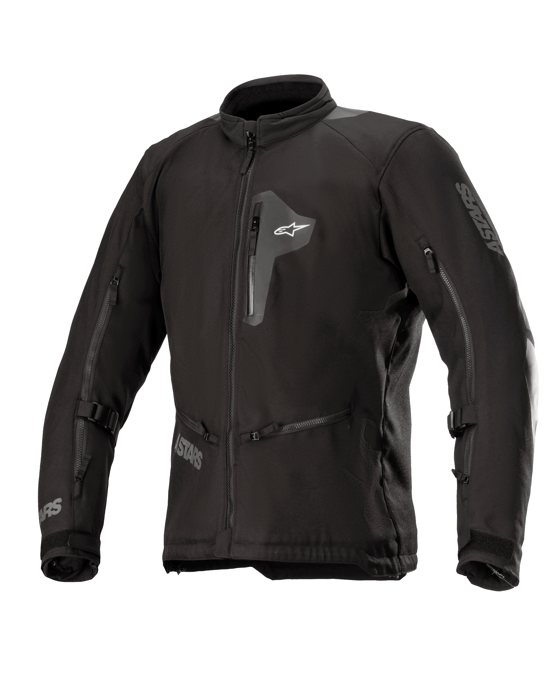 Alpinestars Venture XT jakke, sort tekstil motorcykeljakke, set forfra med brystlomme med lynlås og store ventilationsåbninger på ærmerne, justerbare stropper på armene, høj krave, vandafvisende konstruktion til adventure touring.