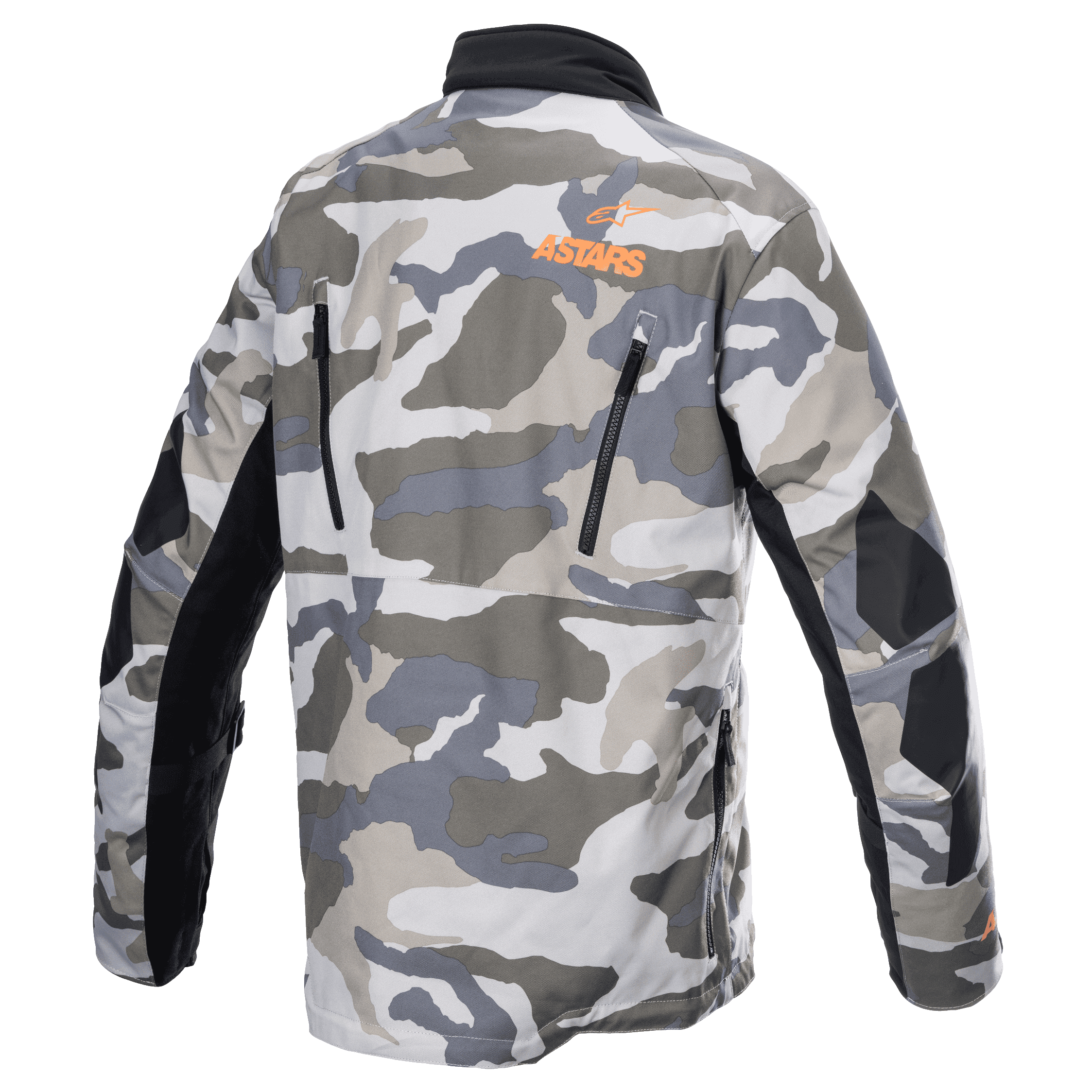 Alpinestars Venture XT-jakke, Mojave Camo Orange Fluo, set bagfra med gråt og hvidt camouflagemønster, orange ASTARS-logo øverst på ryggen, sorte ventilationslynlåse og forstærkede armpaneler, adventure touring motorcykeljakke.