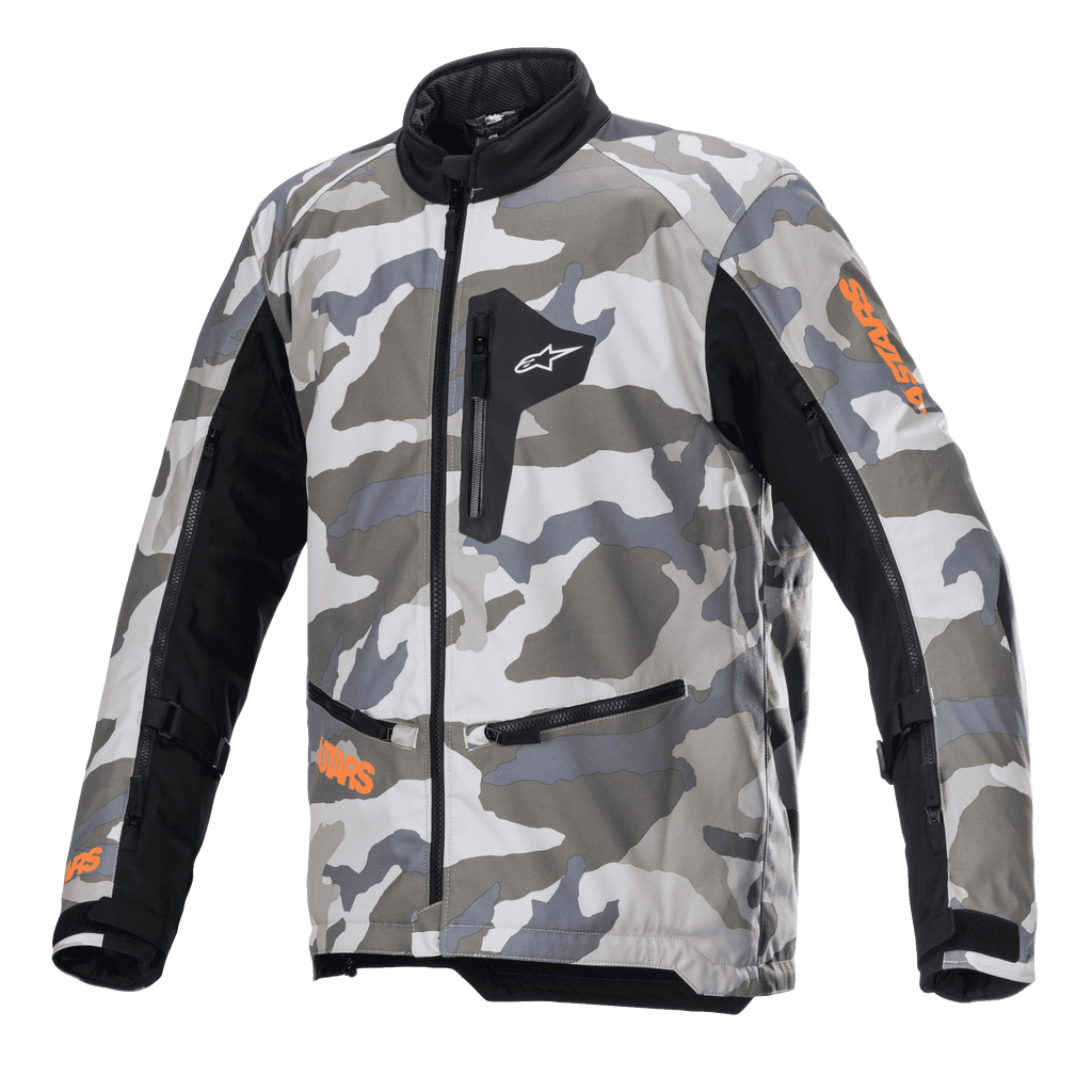 Alpinestars Venture XT jakke, motorcykel adventure touring-jakke, Mojave Camo i grå og hvide nuancer med neon-orange detaljer, sorte tekstilpaneler på ærmerne, lynlåslommer på bryst og i talje, høj krave, holdbar tekstilkonstruktion til off-road eventyr