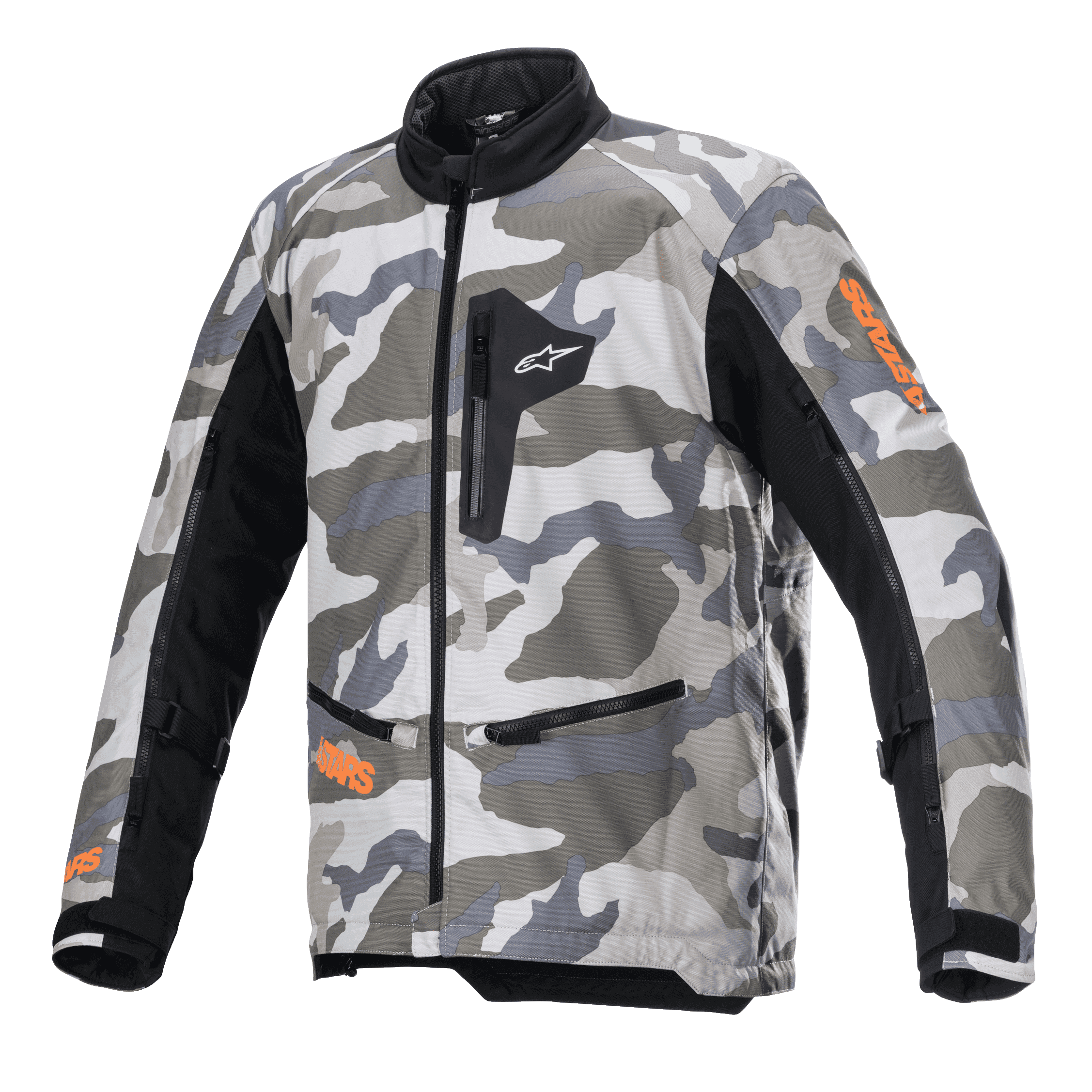 Alpinestars Venture XT jakke, motorcykel adventure touring-jakke, Mojave Camo i grå og hvide nuancer med neon-orange detaljer, sorte tekstilpaneler på ærmerne, lynlåslommer på bryst og i talje, høj krave, holdbar tekstilkonstruktion til off-road eventyr