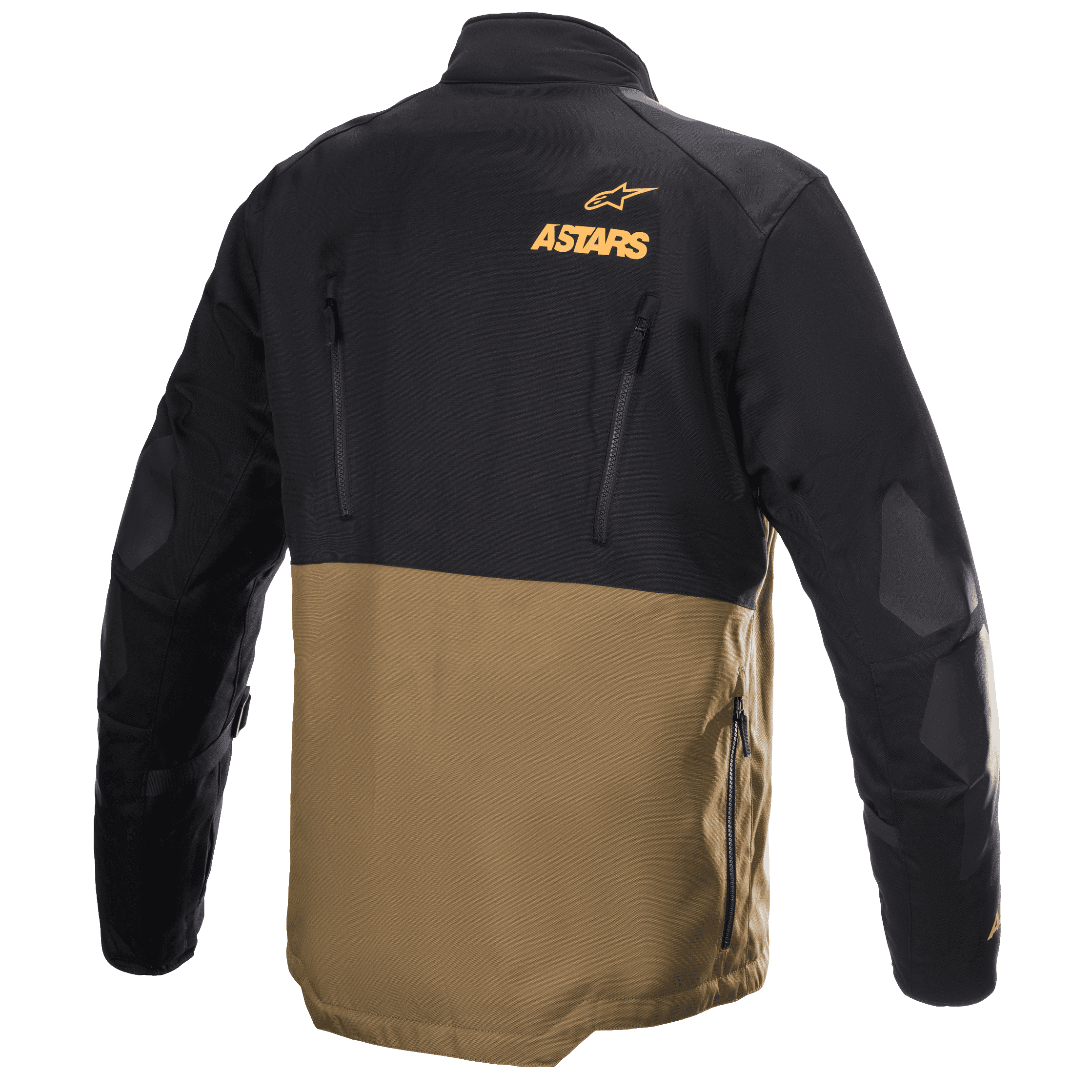 Alpinestars Venture XT jakke, adventure touring motorcykeljakke, camel og sort, set bagfra med orange Astars-logo, vertikale ventilationslynlåse og forstærkede albuepaneler